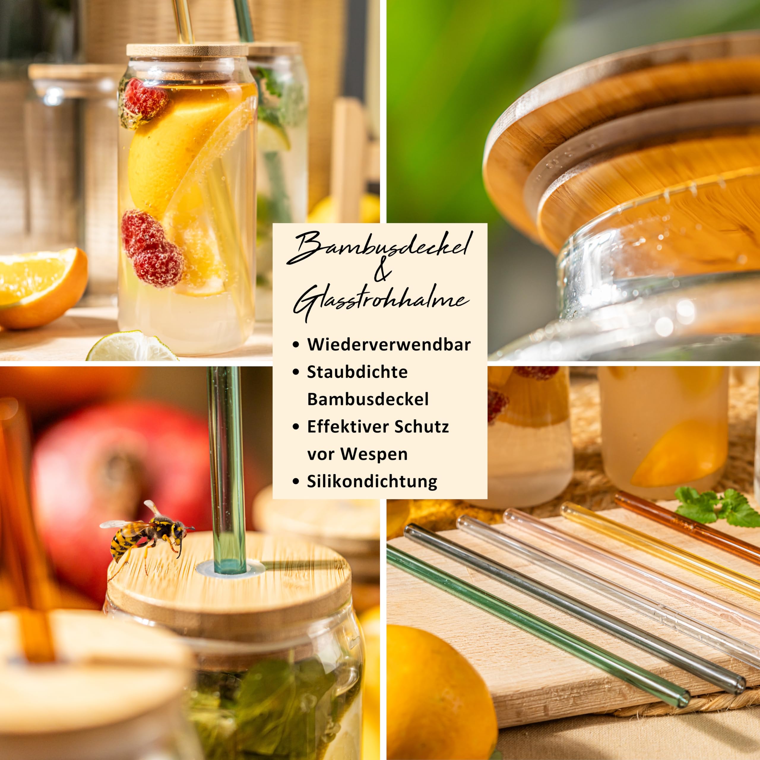 Sänger Juego de cuencos con pajitas de cristal y vasos, recipiente con tapa de madera, dispensador de bebidas con grifo, incluye 6 vasos, dispensador de bebidas para vino caliente y bote, recipiente