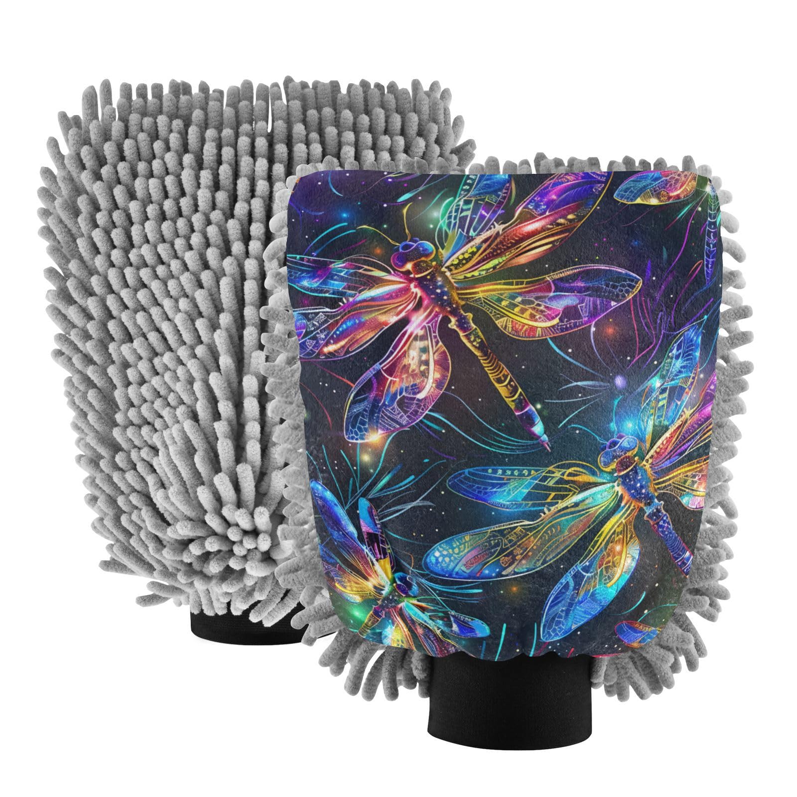 IOACIY Absorbent Microfiber Car Wash Drying Mitts, 2 Pack, Scratch-Free & Lint-Free, Rich Foam, Highly Absorbent, Double Sided, Wash Mitt Perfect for Car Washing, M, Dragonfly (2)