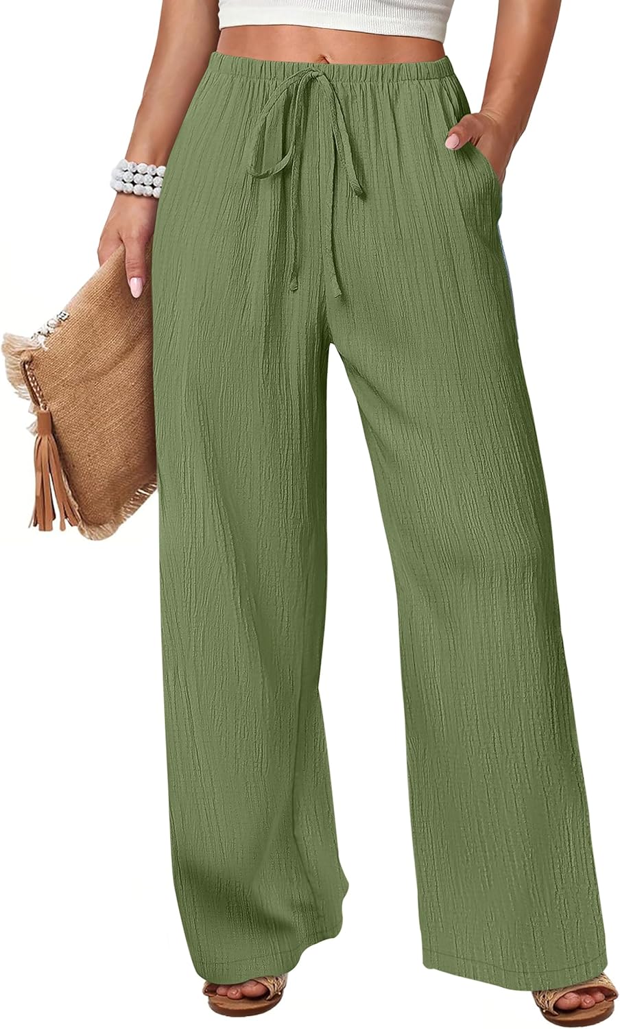 ANRABESS Women's Wide Leg Beach Pants Elastic Waist Lightweight Casual Flowy Palazzo Lounge Trousers with Pockets