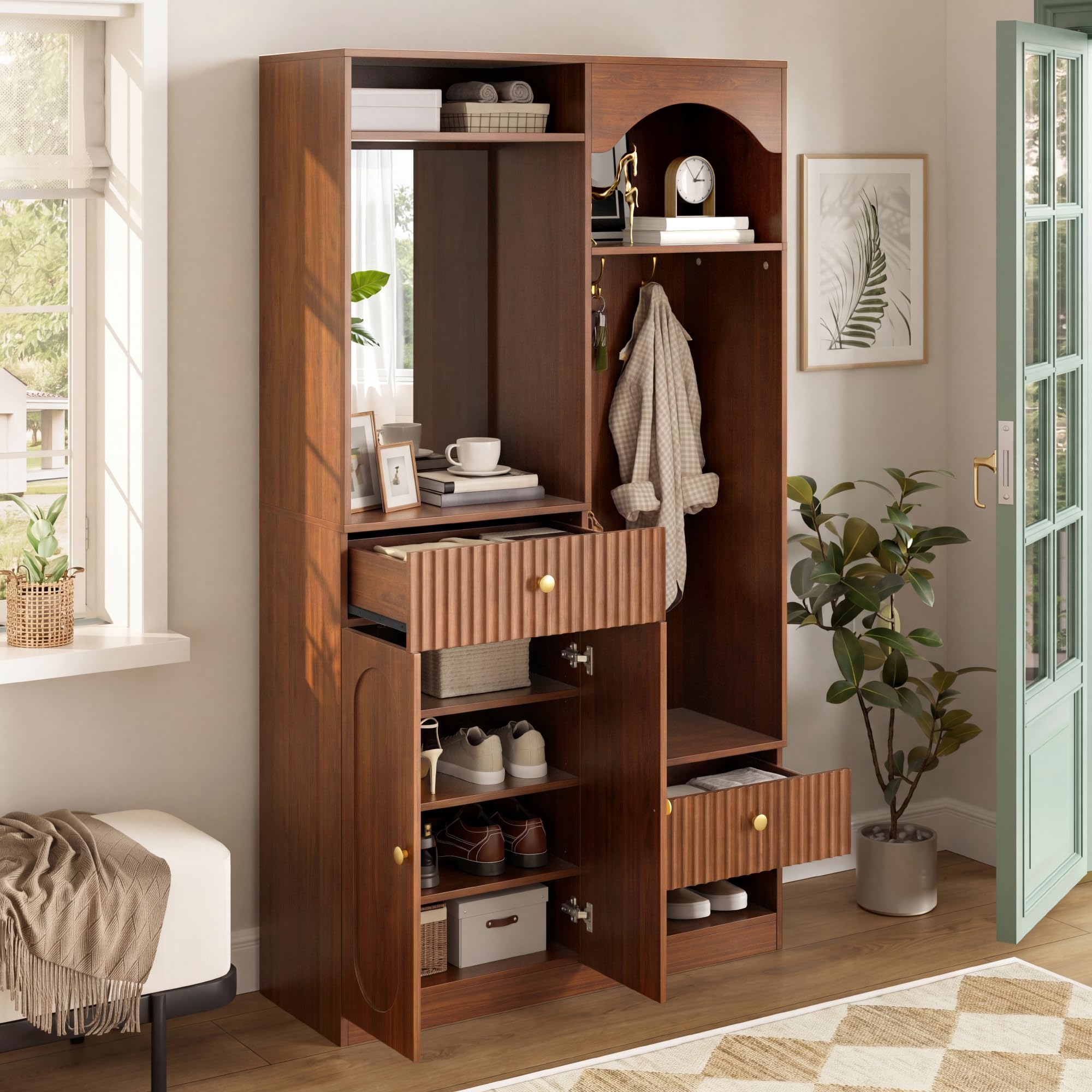 Garderobenset Wandgarderobe mit LED, Flurgarderobe Set mit Schuhschrank und Spiegel, Garderoben Set mit Türen und Kleiderhaken, Flurmöbel Set Kompaktgarderobe mit Regal, 100x35x180cm (Walnut)