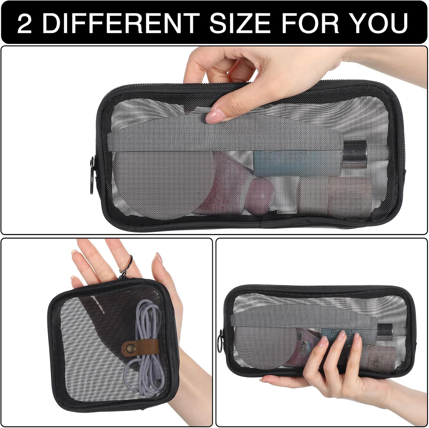 2 PCS Mesh Makeup Bag, Small & Medium Purse Organizer Pouches Portable Travel Toiletry Pouch Multipurpose Mesh Cosmetic Bag for Home Office Daily Travel Accessory, Black image 5