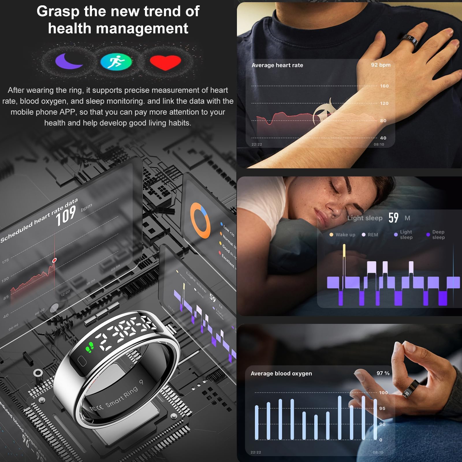 findtime Anello intelligente con display monitoraggio del sonno, monitoraggio della frequenza cardiaca, monitoraggio dell'ossigeno nel sangue, contatore delle dita, controllo dei gesti, contacalorie