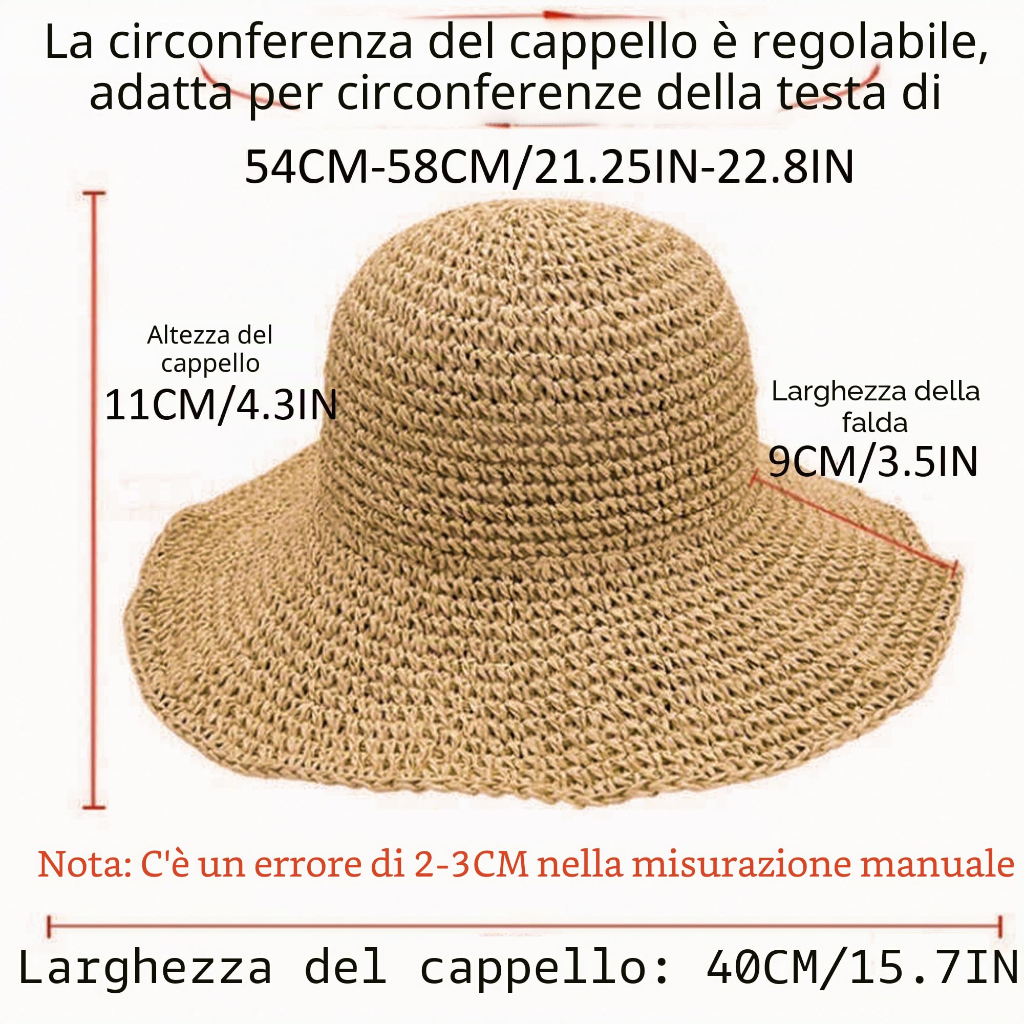 Cappello di paglia floppy da donna all'uncinetto morbido cappello da sole da spiaggia da viaggio grande cappello da secchio estivo pieghevole medio