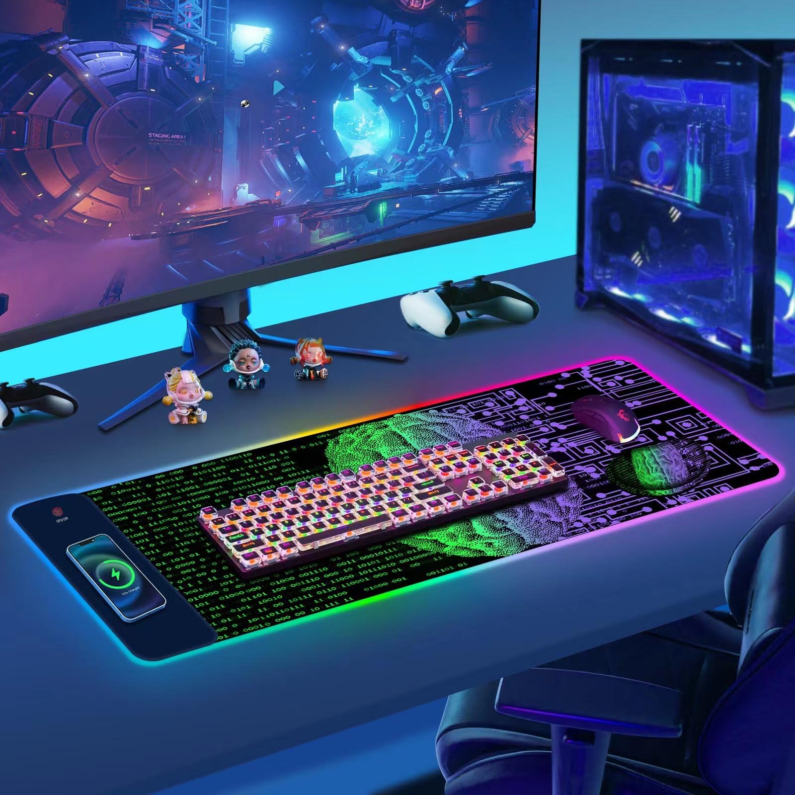 ToLuLu Tappetino per mouse da gioco RGB con ricarica wireless, tappetino per mouse LED da 15 W con caricabatterie da 30 W, 14 modalità di illuminazione, supporto per il polso, base in gomma
