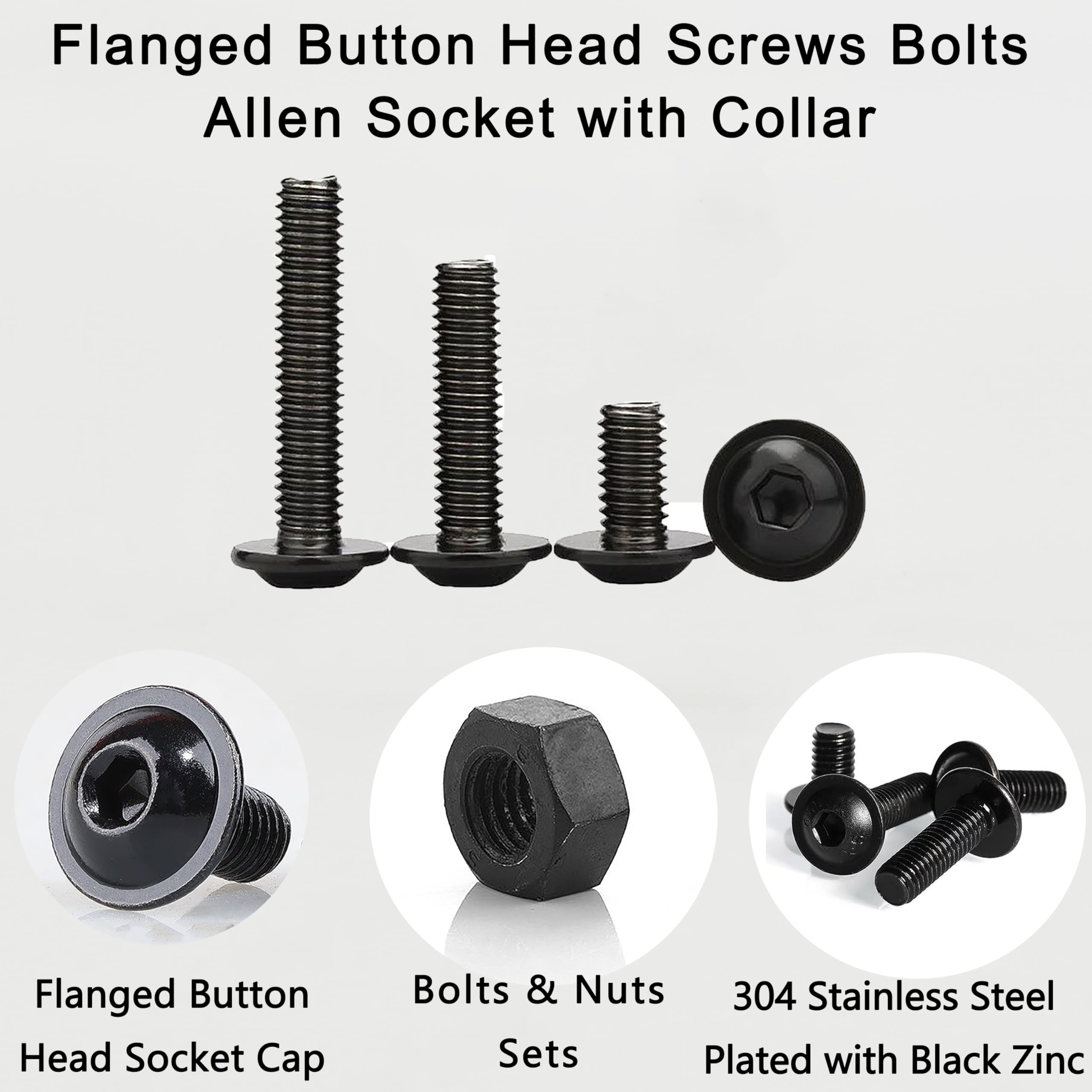WeqeYent Black M4 M5 M6 Stainless Steel Nuts and Bolts Set, Flanged Button Head Socket Cap Bolts with Wrenches - Image 3