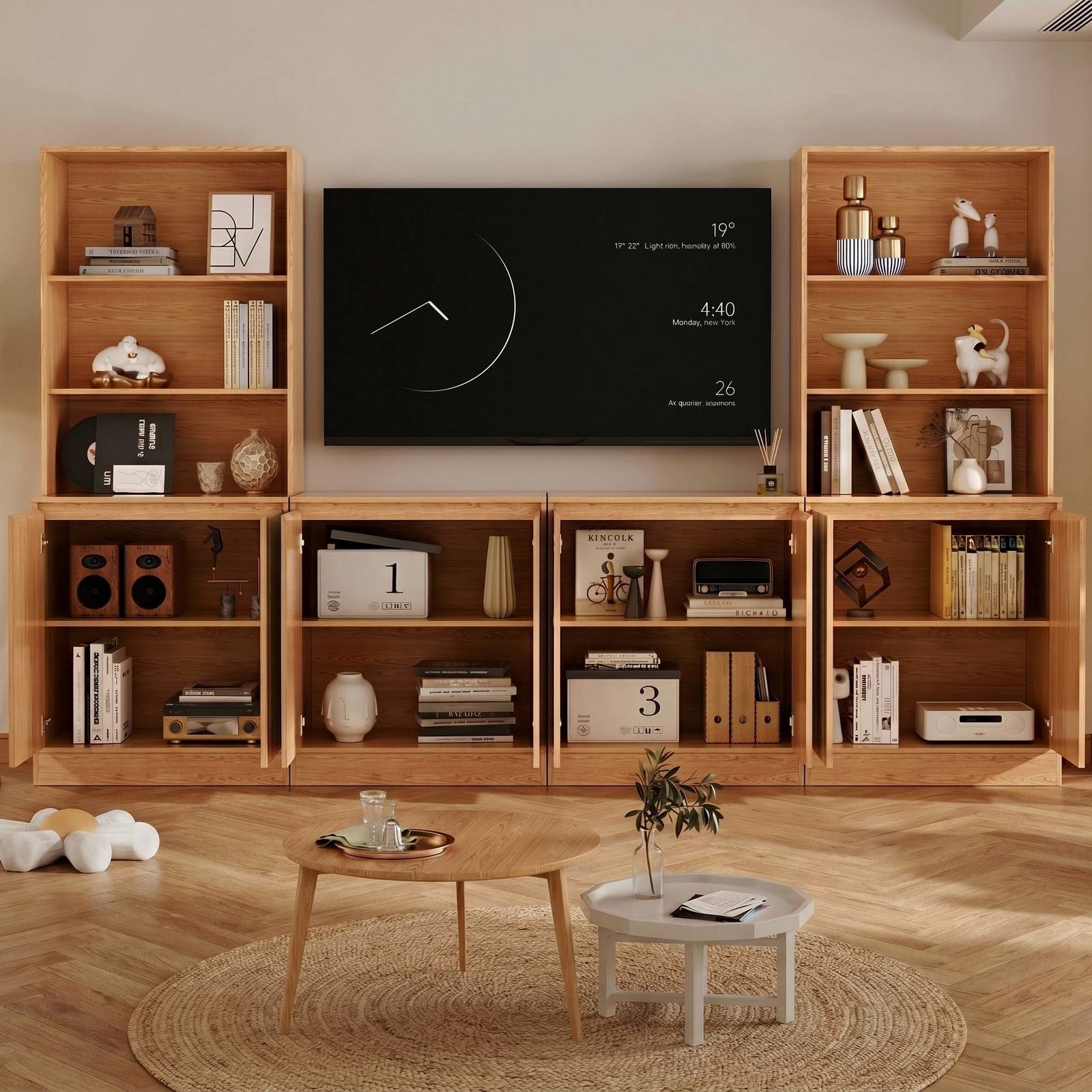 VOWNER TV-Schrank mit Bücherregal, 240cm B Großer Fernsehschrank, TV-Board Set für TV bis 50 Zoll, Wohnwand mit Arbeitsplatte für Wohnzimmer & Esszimmer, Holzfarbe (4PCS)