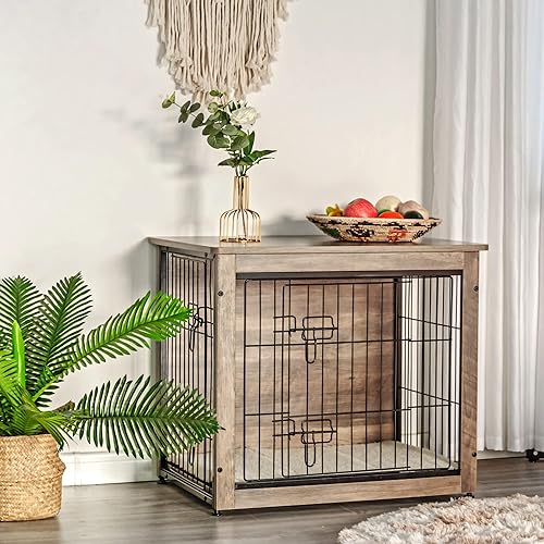 Vista 202 de DWANTON Mueble de jaula para perros con cojín, caja de madera para perros con puertas dobles, muebles para perros, perrera de interior, mesa Negro