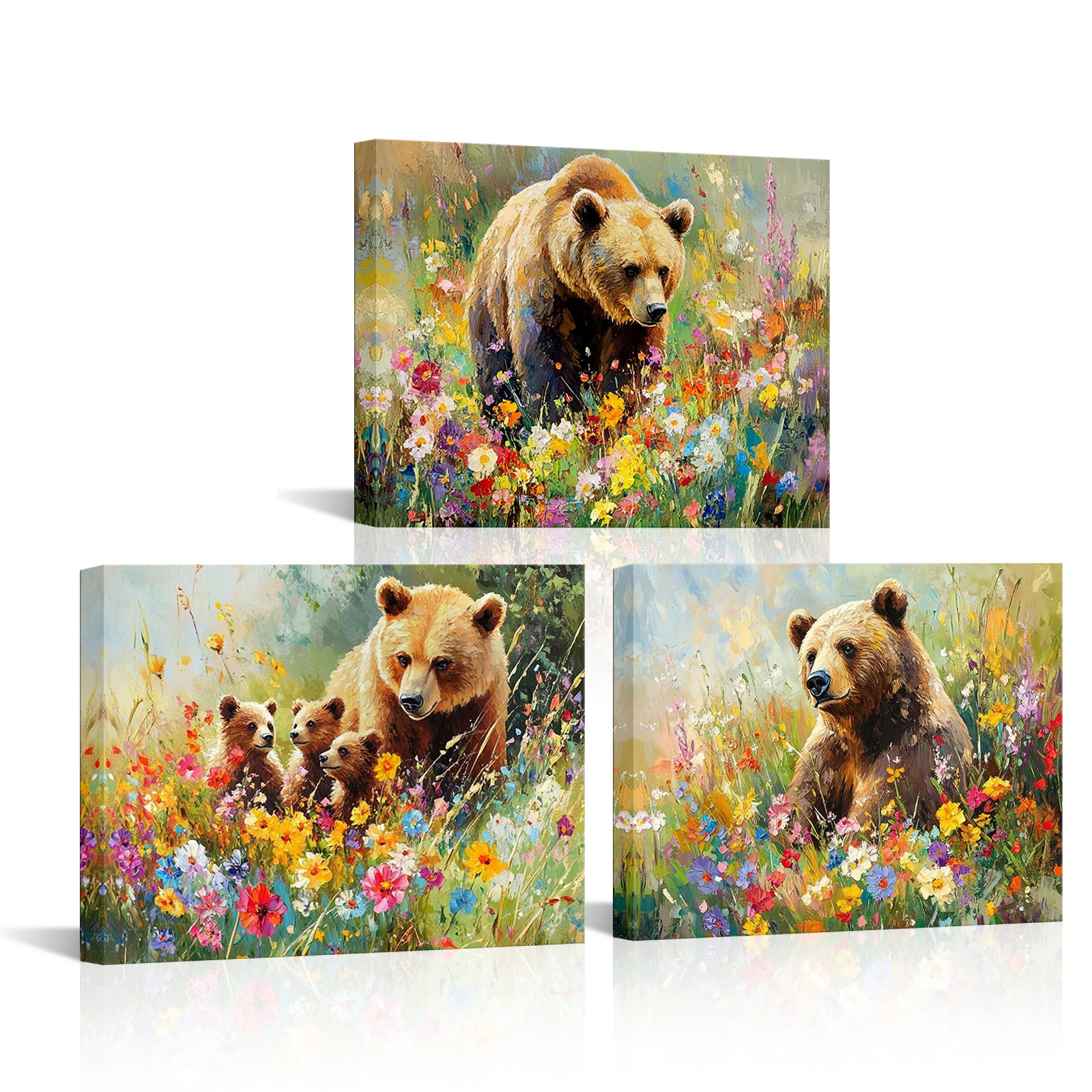 sechars Bear Wall Art Canvas Bears in Wildflower Meadow Picture Print Wildlife Paintings Farmhouse Kitchen Decor