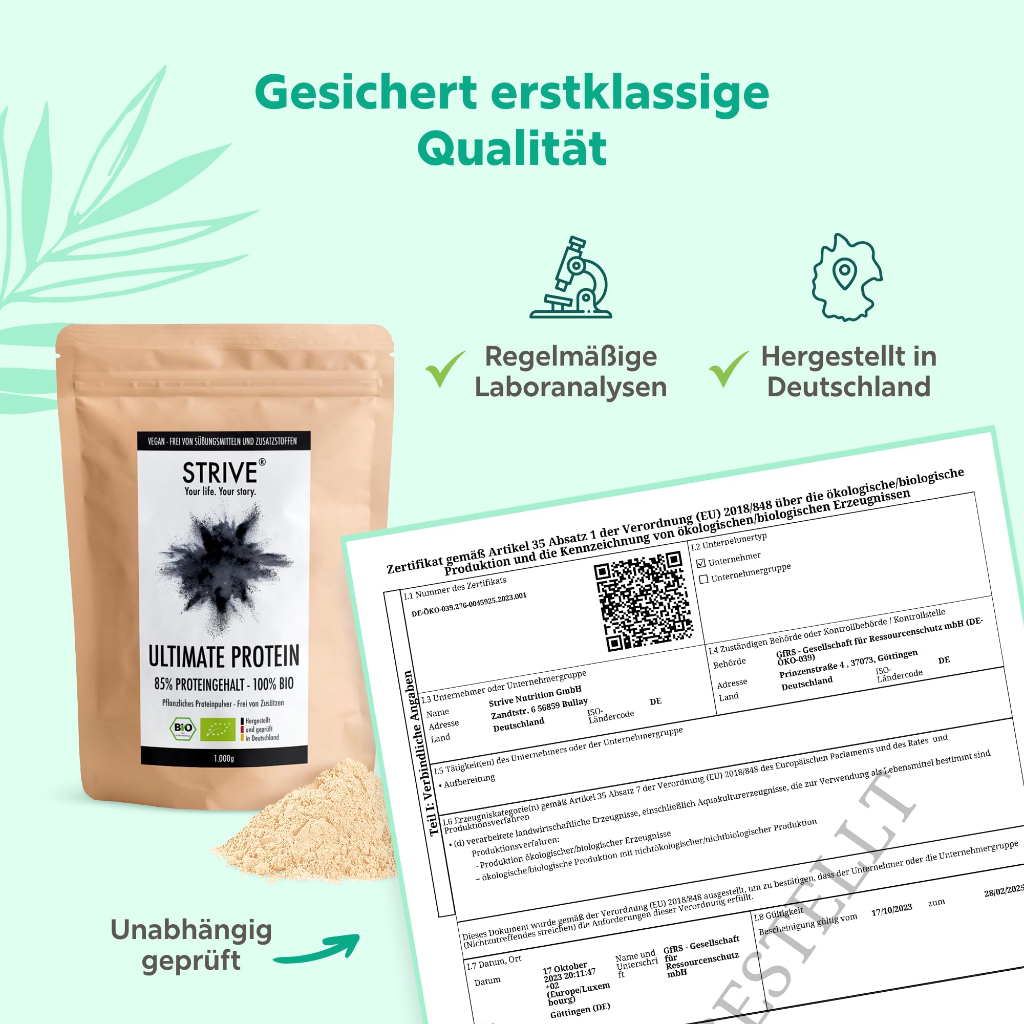 STRIVE ULTIMATE PROTEIN | 100% BIO Vegan | Natur | Optimales Aminosäureprofil | 1kg Bio Eiweiß Pulver mit 85% Proteingehalt | Ohne Zucker & Süßungsmittel | Made in Germany DE-ÖKO-039