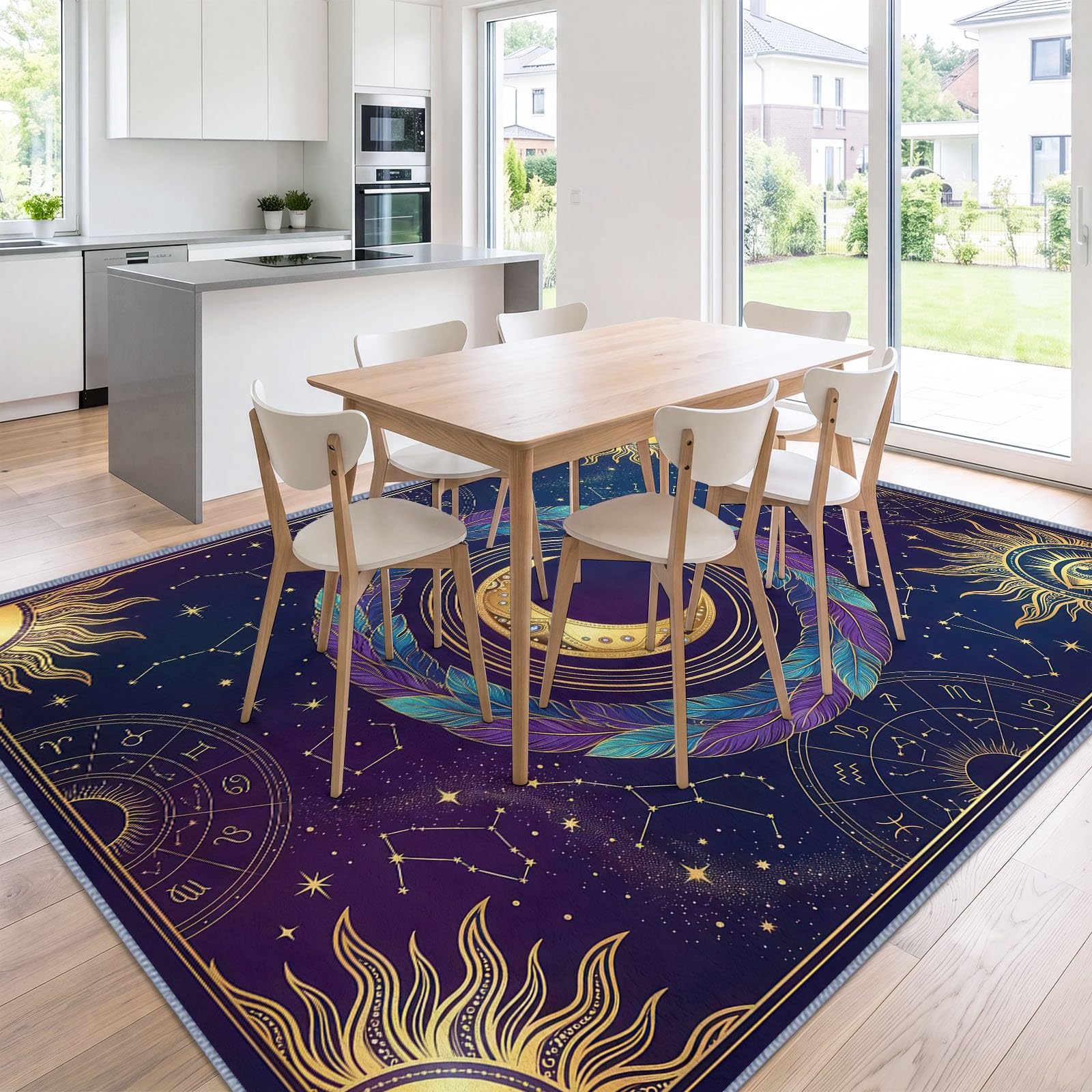Générique Bohème Mystère Astrologie Tapis de Salon Lavable en Machine 200 x 300 cm Tapis antidérapant, Moquette Soleil Or Lune Plume Violette pour Le Salon, l'entrée, la Chambre et la Cuisine