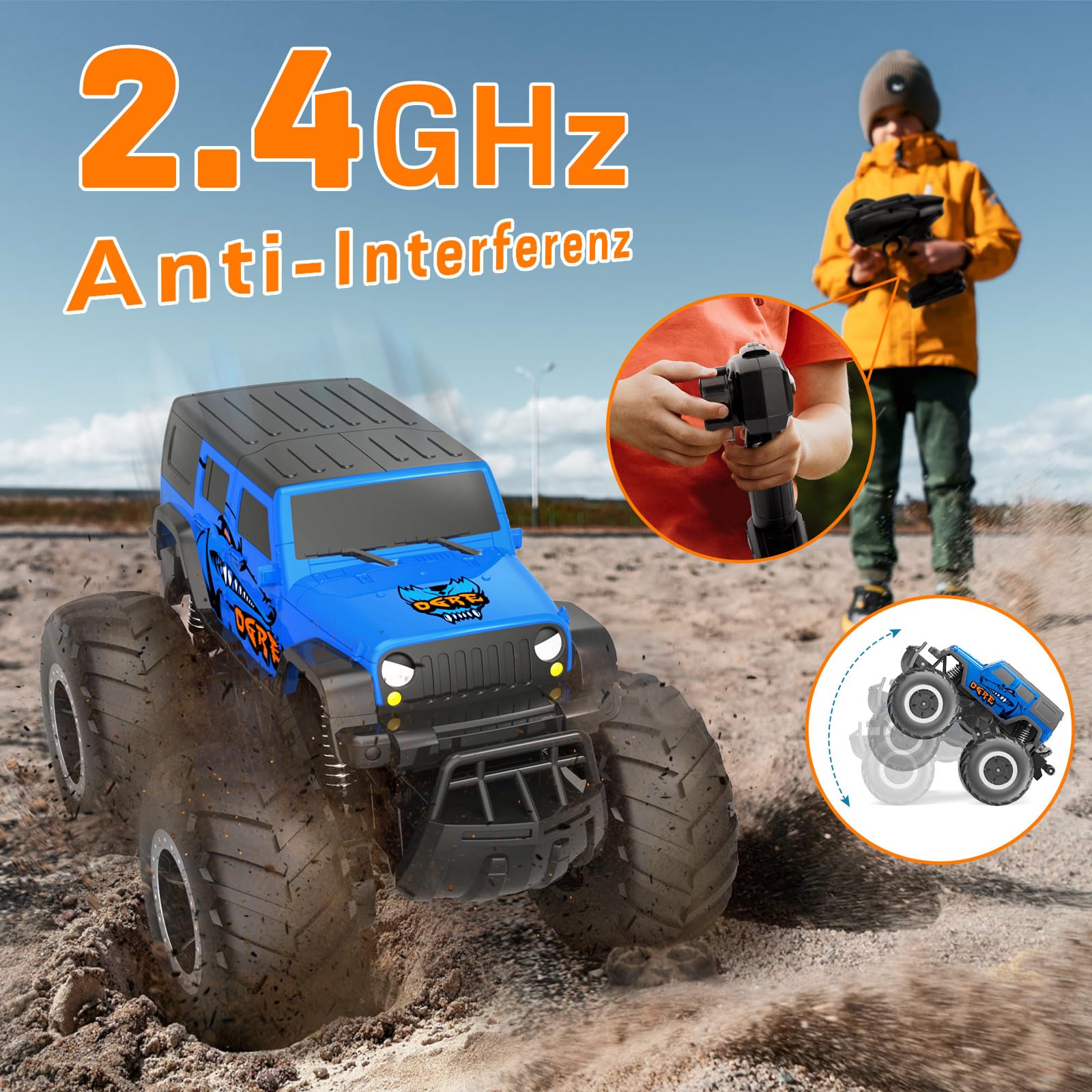 Gindoly Macchina Telecomandata, 2,4 GHz macchina telecomandata per bambini, 4WD 15+ km/h Monster truck radiocomandato,veicolo anfibio con telecomando-Monster