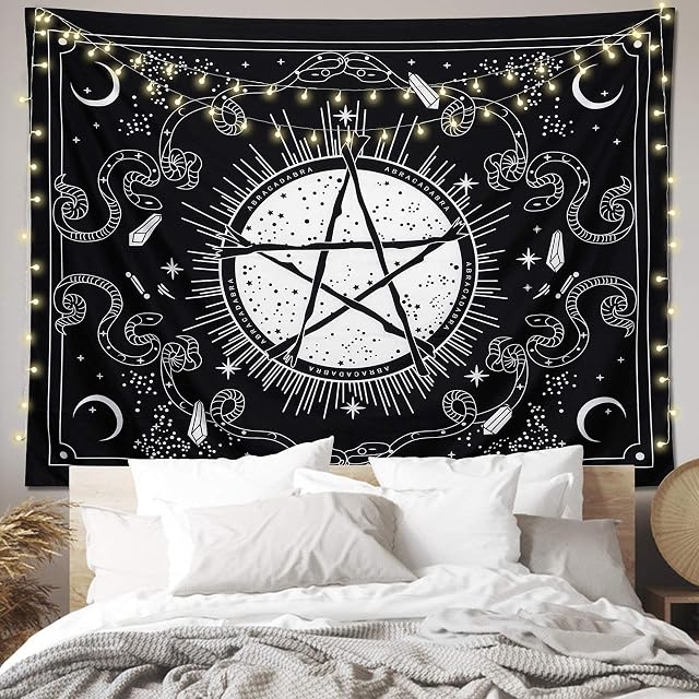 Dremisland Psychedelic Pentagram Tapestry Wall Hanging Moon Tapestry Black & White Astrology Tapestries Wall Art for Living Room Bedroom Dorm Home Decor (Pentagram, L/148X200cm (58"X79"))