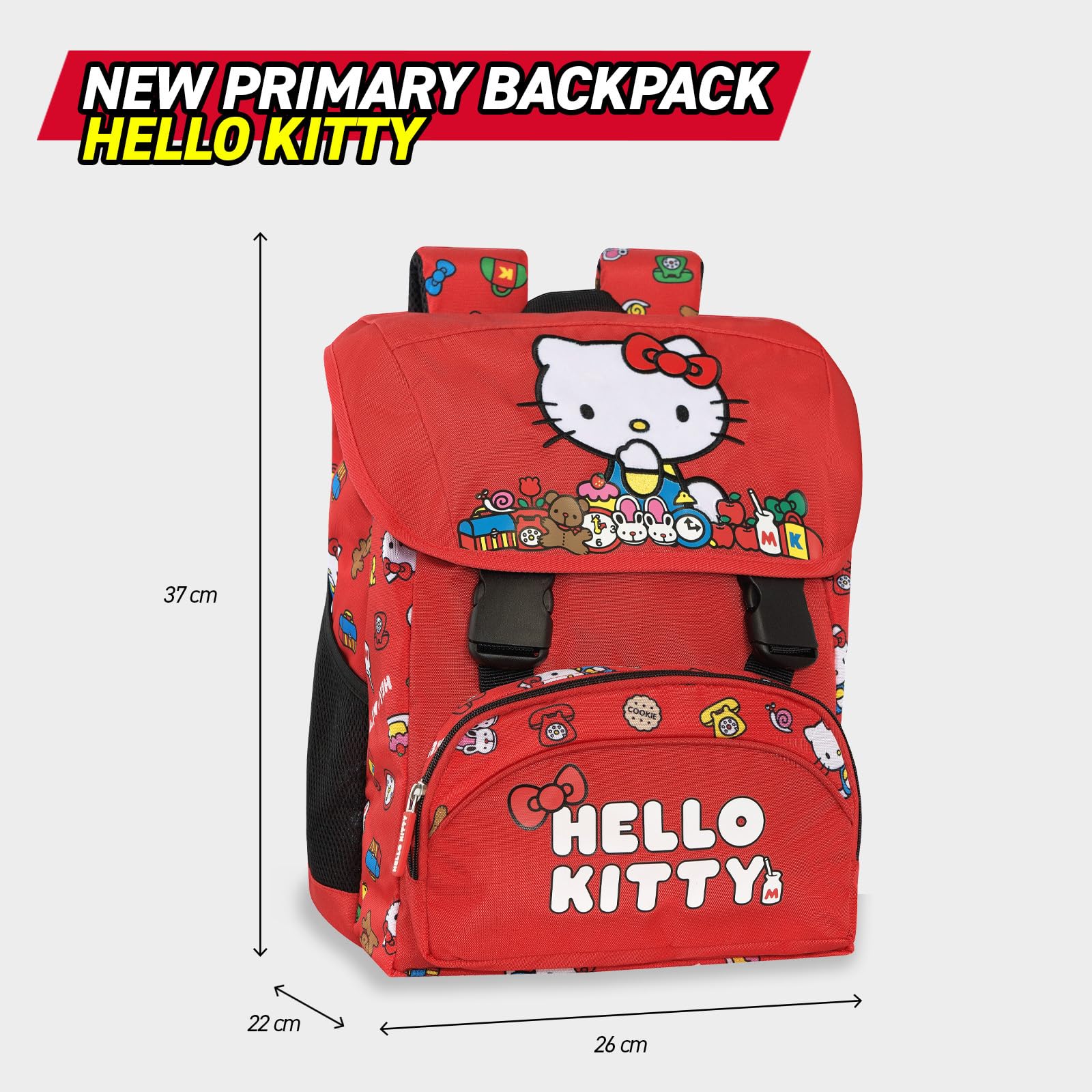 HELLO KITTY - Zaino Scuola Elementare Ufficiale Hello Kitty, Chiusura a Patta, 2 Scomparti Centrali, Tasca Frontale, Spallacci Regolabili e Imbottiti, Retro e Fondo Termoformati, 26x37hx22 cm