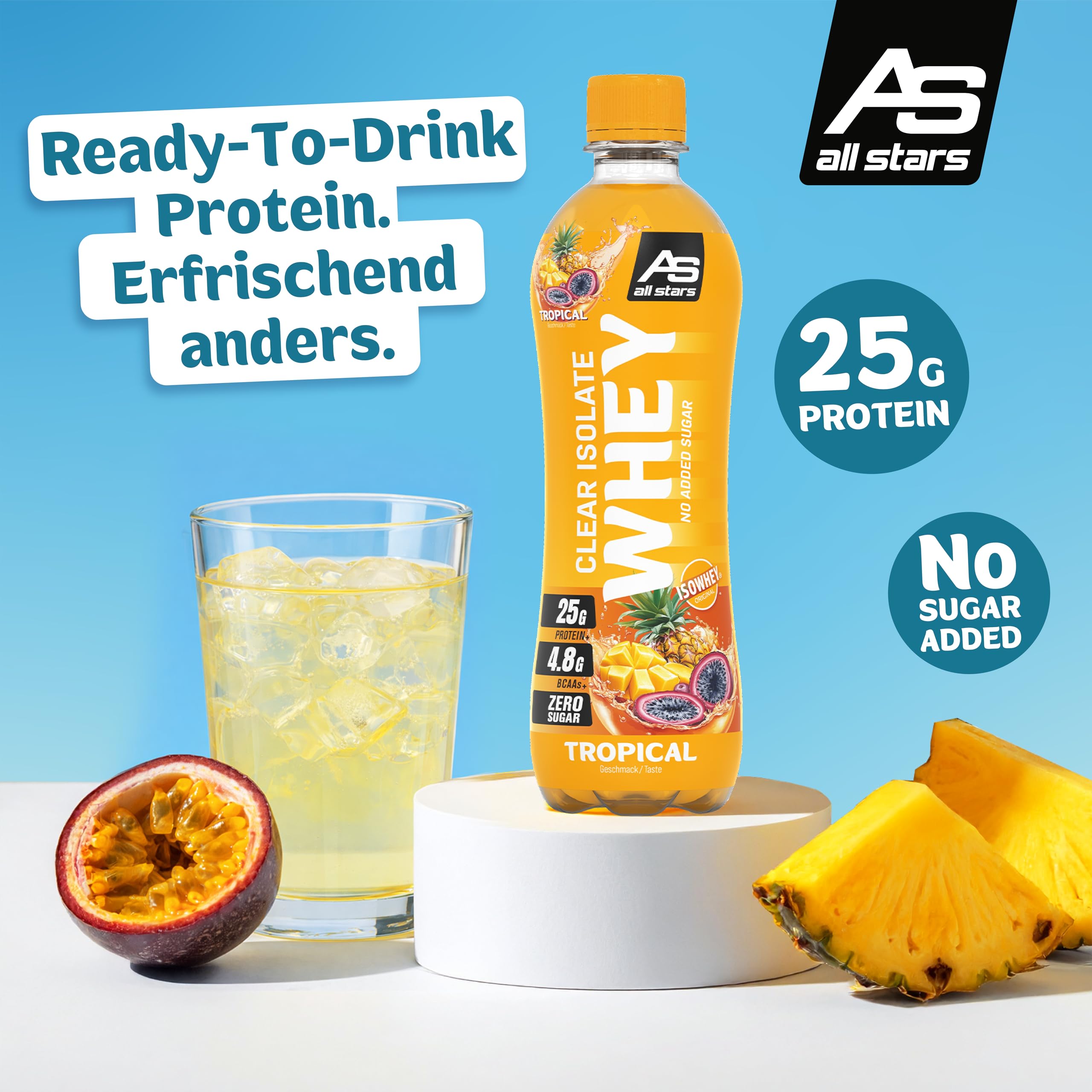 ALL STARS Clears Isolate Whey Protein Drink Fertig-Getränk 12 x 500ml Tropical- Mit ca. 25g Eiweiß & 110 kcal, Reich an hochwertigem Whey Protein Isolat