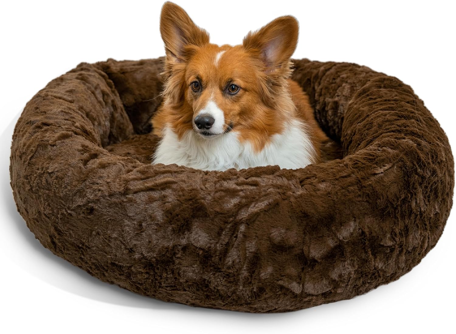 Best Friends by Sheri Original Calming Donut Dog and Cat Bed, Lux Faux Fur, Dark Brown, (30in x 30in) - Anxiety Relief for Pets Up to 45 lbs Dark Chocolate Lux Medium