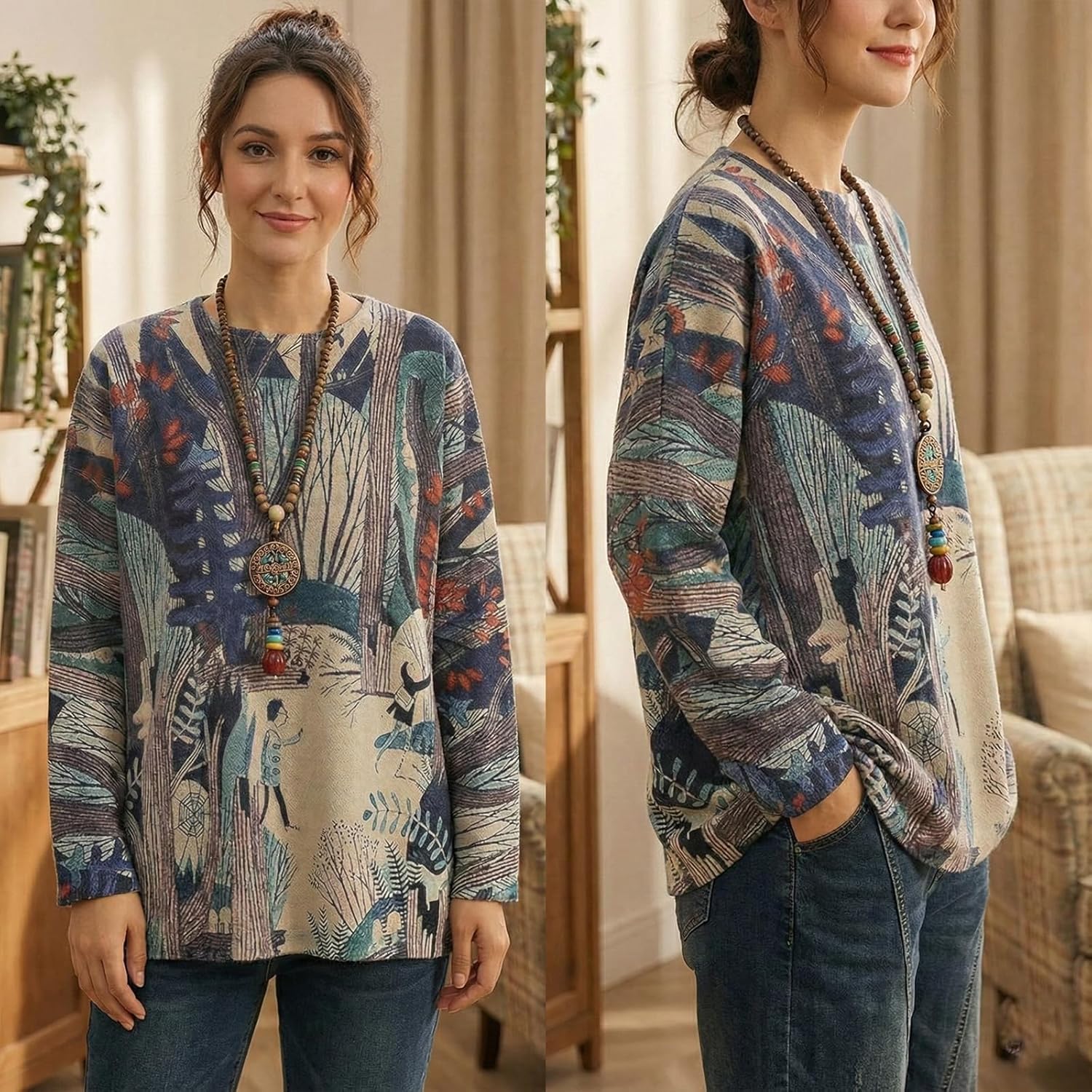 Women's Boho Christmas Sweater, Oversized Long Sleeve Graphic Knit Pullover, Loose Fit Casual Top with Drop Shoulder - Image 2