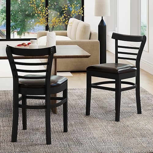 Miniatura 8 de KOTEK Juego de 4 sillas de comedor de madera, sillas de cocina de madera de goma maciza con asiento acolchado de piel sintética y respaldo curvo,