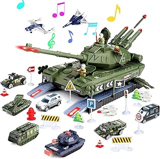 deAO Tank Toy Sets for Kids Army Toys 55 PCS Military Vehicles Set Battle Tank Toy with Realistic Sound and Light,Rotating Turret and Missile,7 PCS Alloy Die-cast Army Cars for Kids Boys Girls