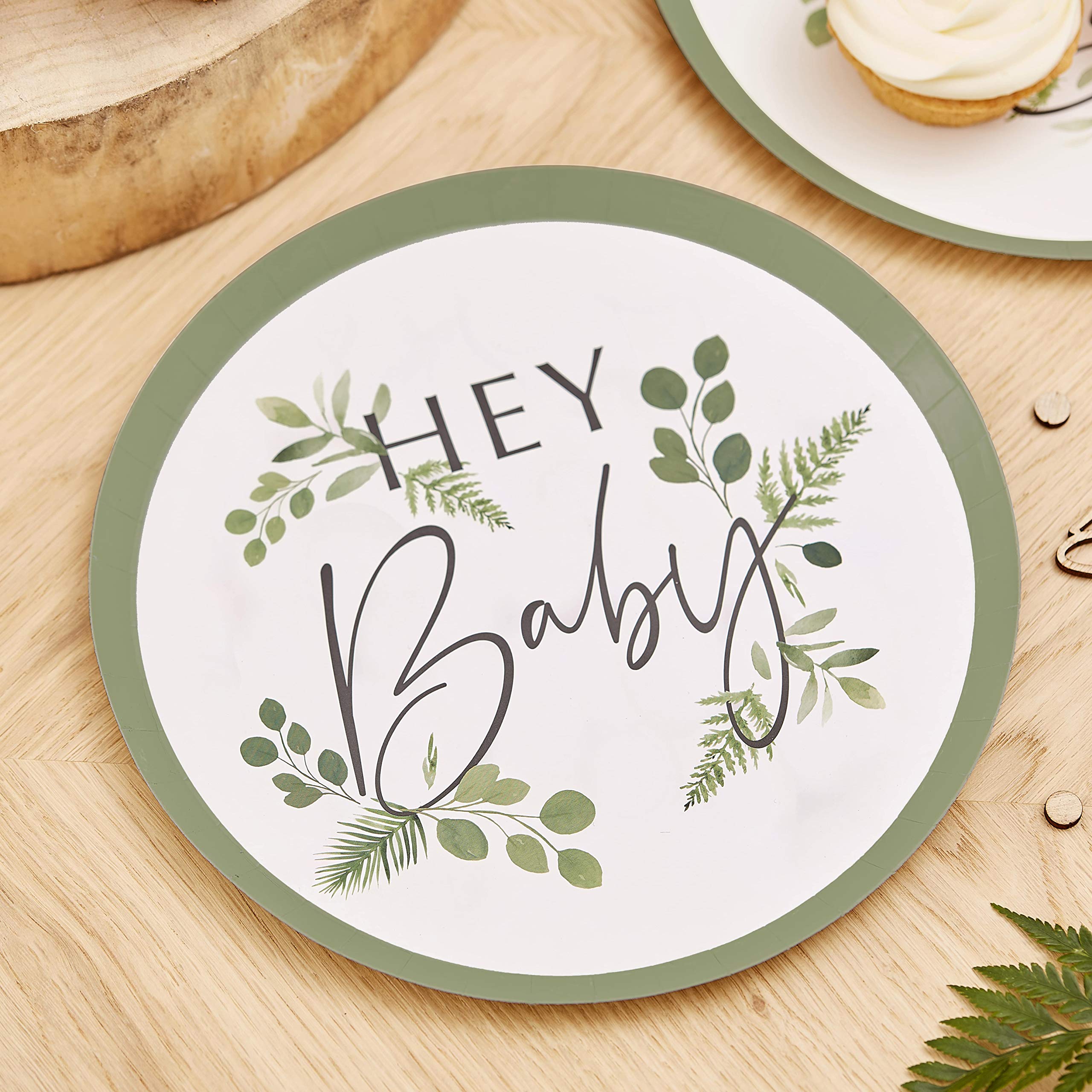 Ginger Ray Hey Baby Shower Botanical Paper Plates, 24 Cm Diameter