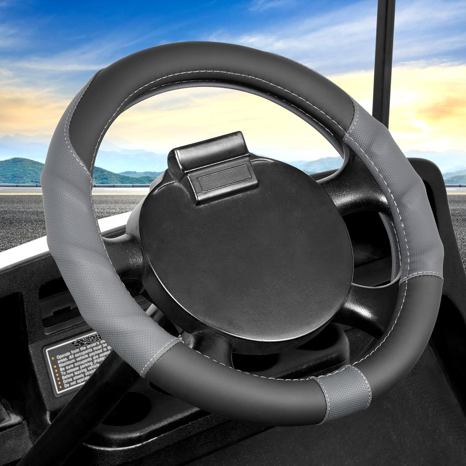 10L0L 13 Inch Golf Cart Steering Wheel Cover for EZGO TXT & RXV, Anti Slip PU Leather & Comfortable Grip Feeling-Black Grey