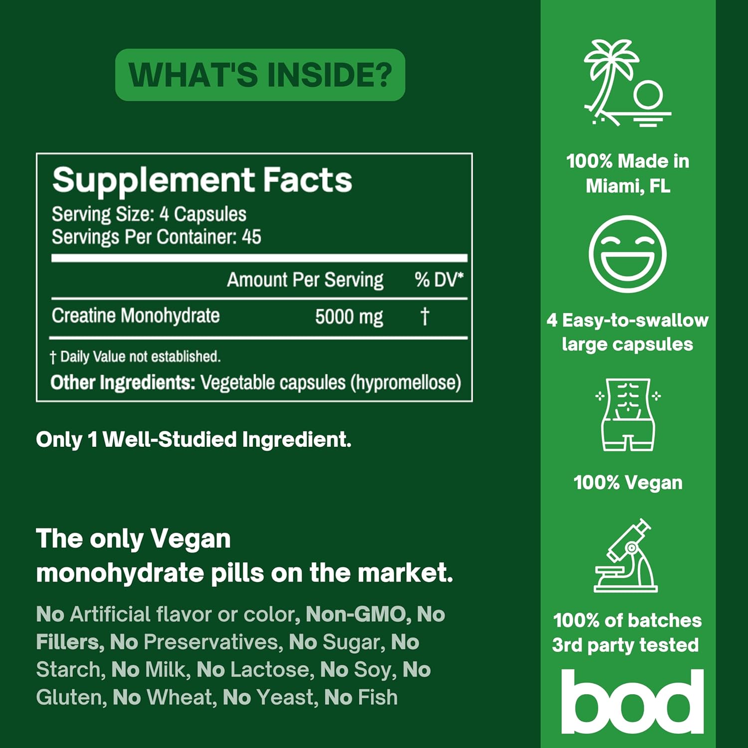 Bod Creatine Monohydrate Capsules – 45 Servings (4 Capsules = 5 g) – Ultra-Pure 200 Mesh Creatine Monohydrate – Strength, Power, Muscle Growth & Recovery