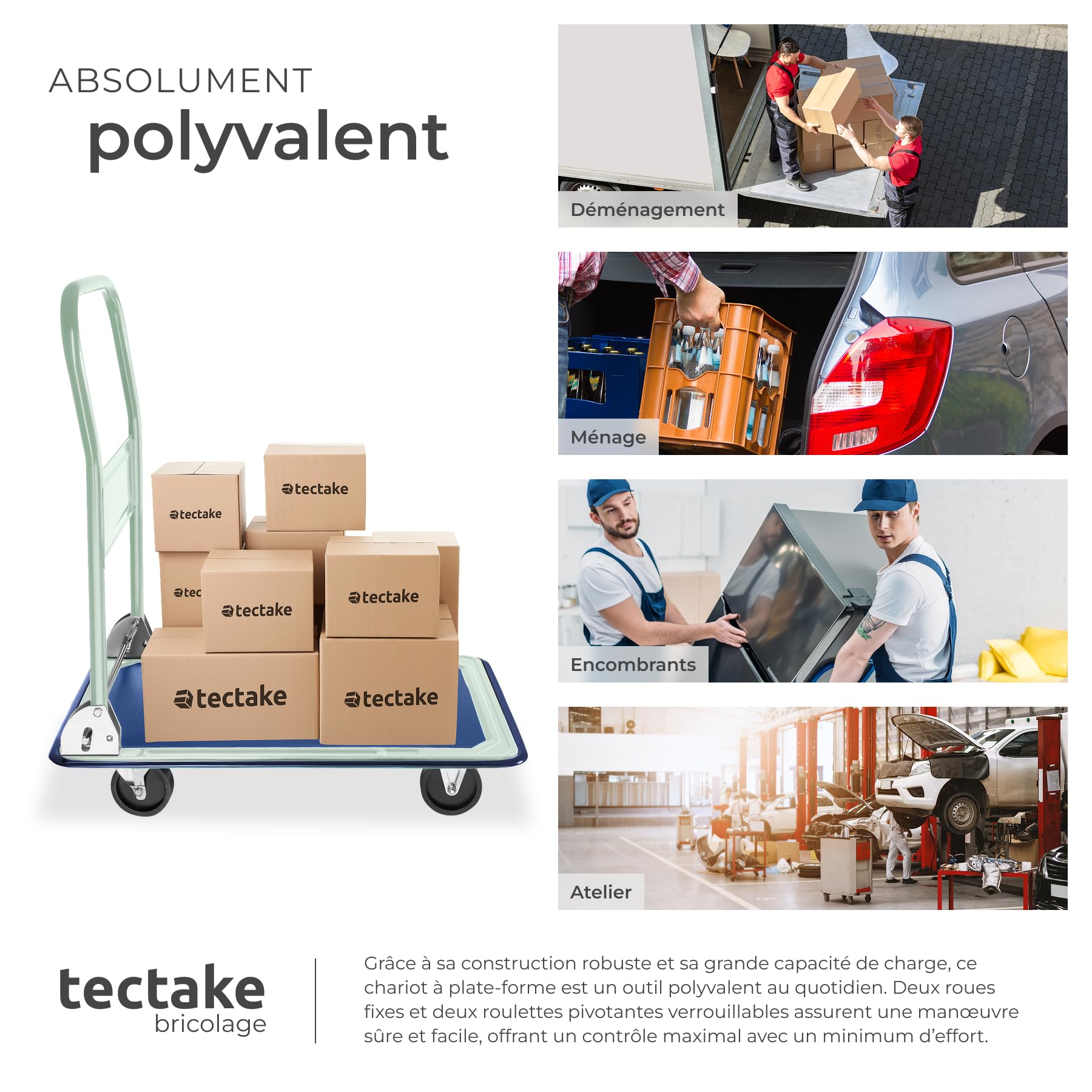 tectake® Chariot de transport plateforme à roulettes, Charge max. 150 kg, Chariot pliable Atelier Garage Magasin Demenagement, 2 Roues pivotantes et 2 fixes, Poignée Pliable par commande au pied, Vert
