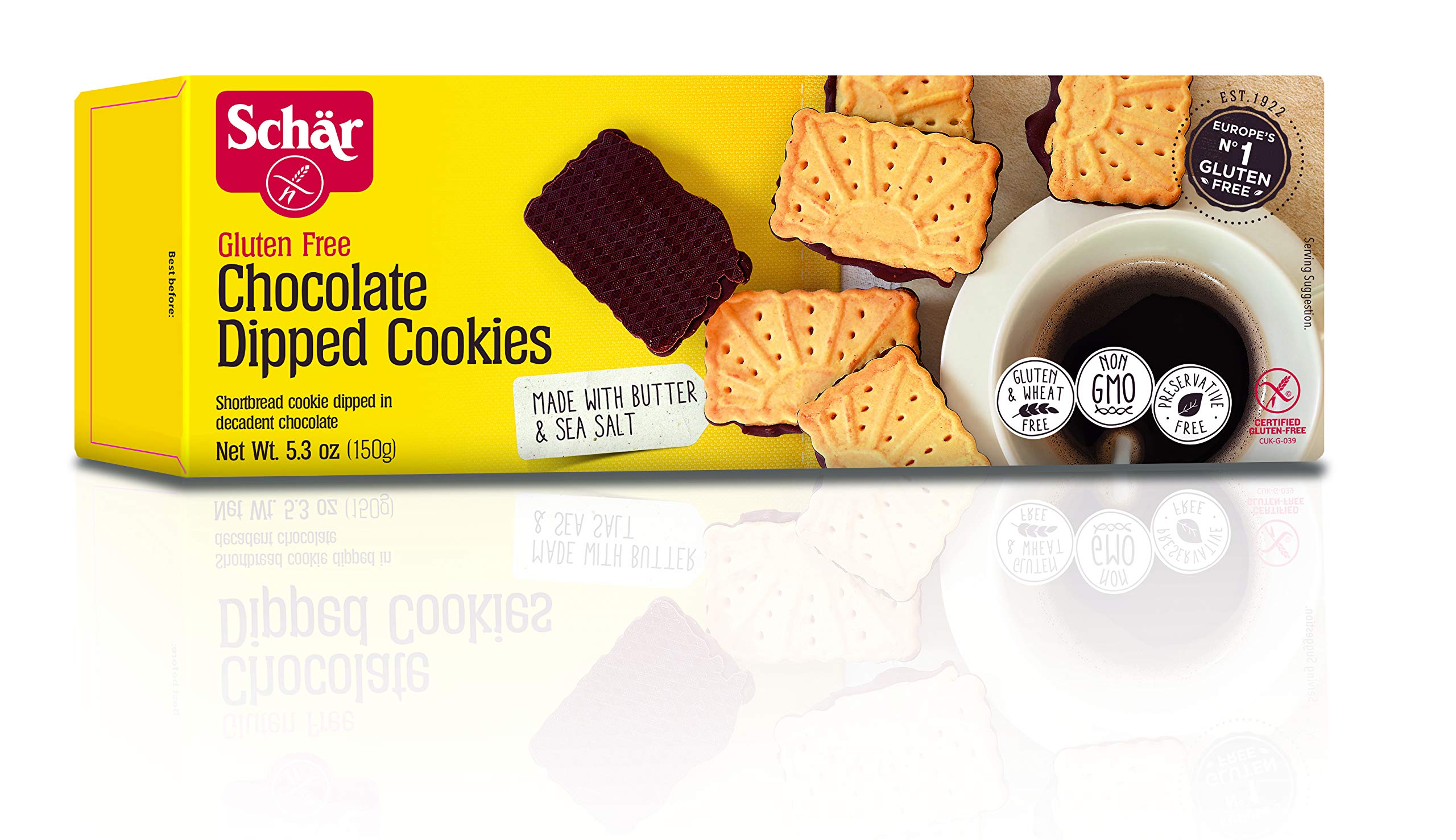 Schar - Chocolate Dipped Cookies - Certified Gluten Free - No GMO's, Perservatives or Wheat - (5.03 oz) 4 Pack