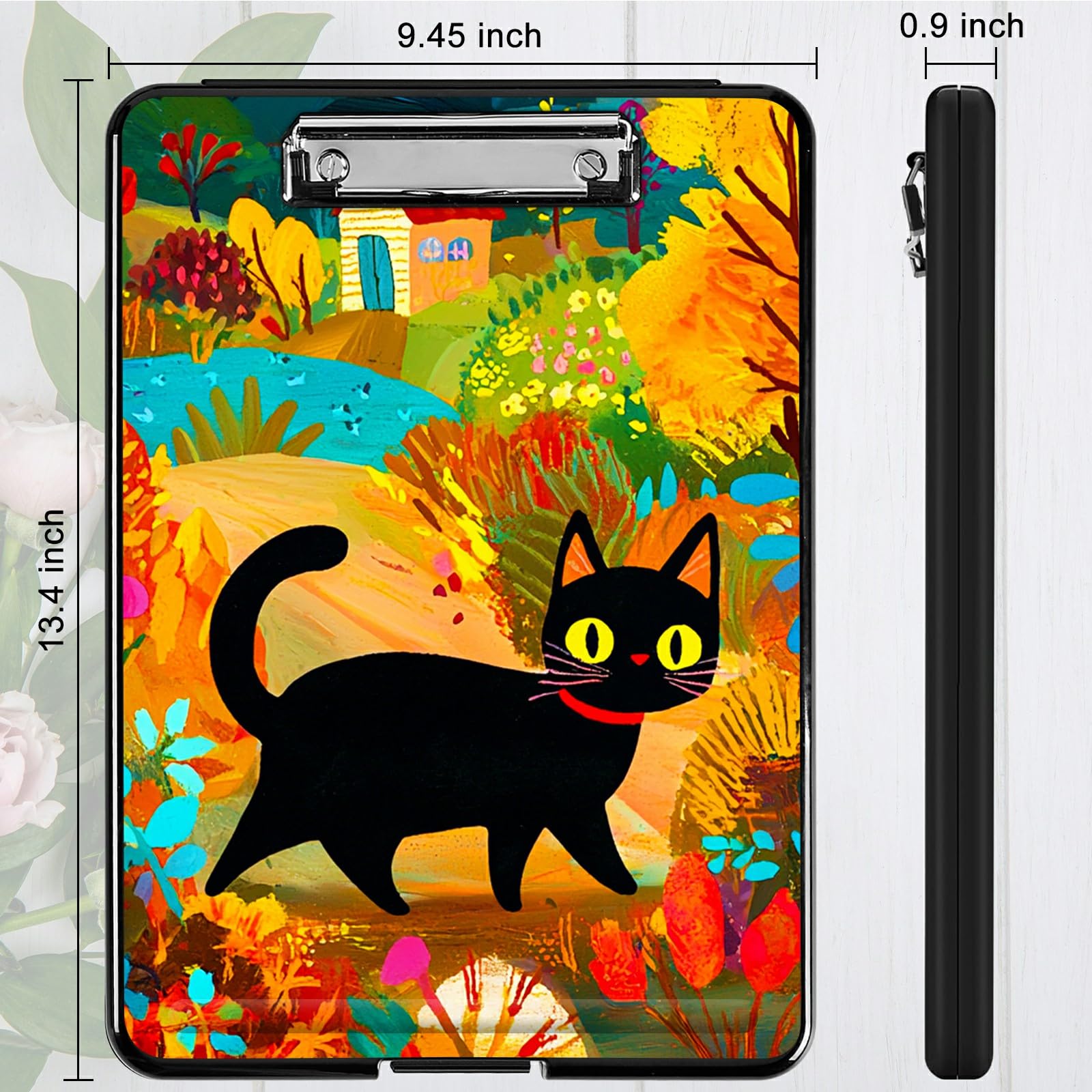 RWUTYTIUL Black Cat in Autumn A4 Clipboard with Storage Pen Holder, Clipboards Organizer Nursing Clipboard Foldable File Folder Plastic Clipboard Folio Clip Board for Office Students Classroom Doctor - Image 4