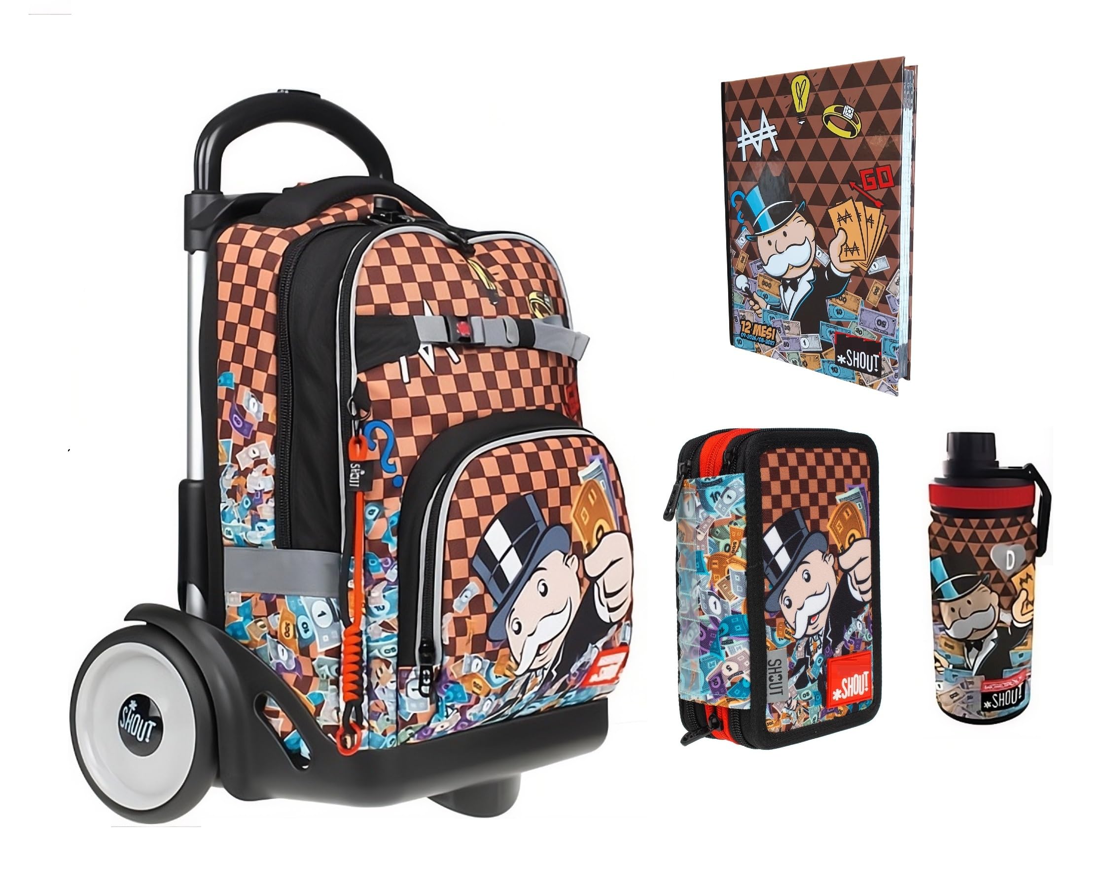 Rucksack Trolley abnehmbar kompatibel mit Shout Monopoly mit Trinkflasche und Clip-On gratis + Federmäppchen 3 Ebenen komplett mit Schreibwaren + Tagebuch 2026/2027 + Stiftset und Schlüsselanhänger