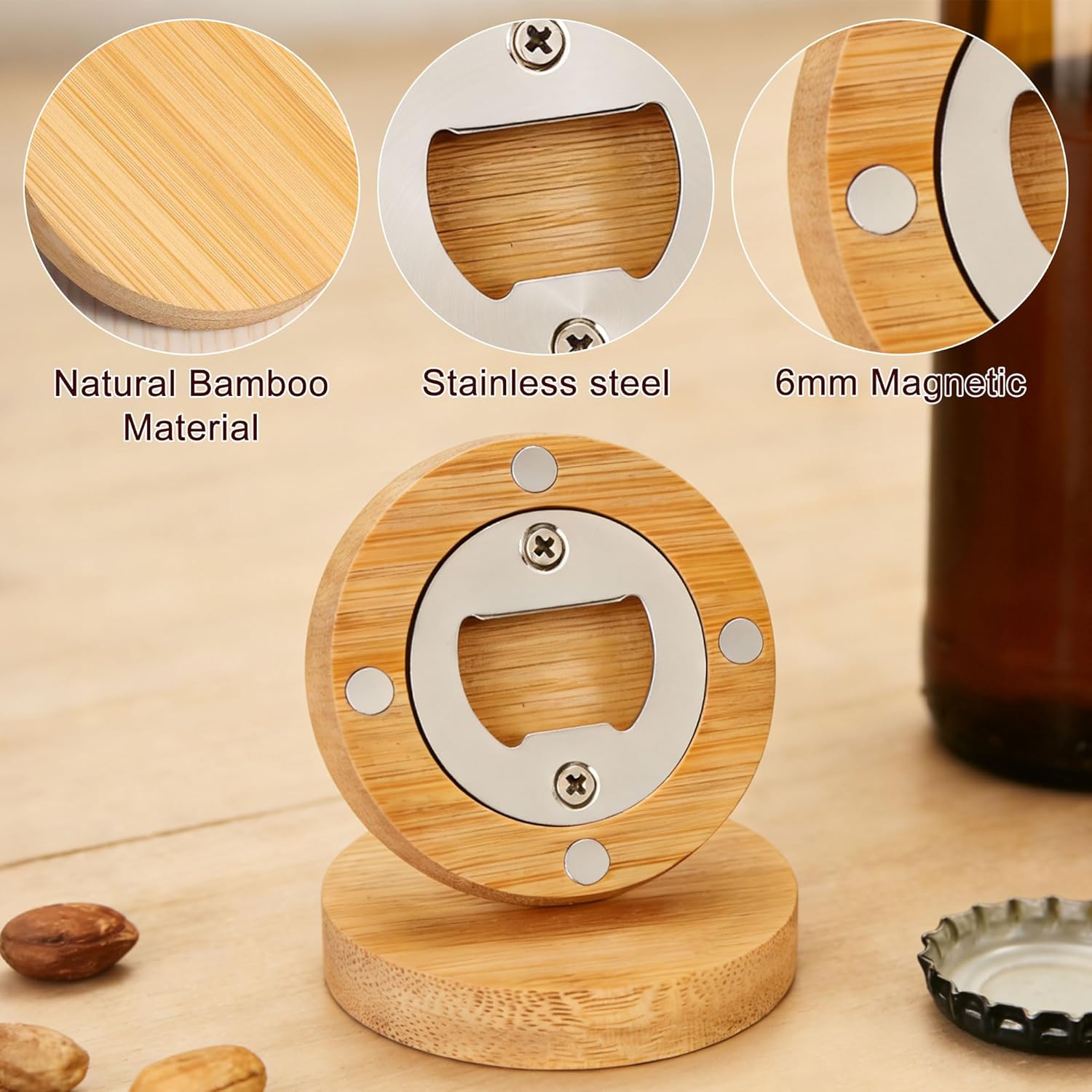 Yoption 24 Pcs Bamboo Magnetic Bottle Opener, Wooden Bulk Fridge Magnet Bottle Opener for DIY Beer Lover Wedding Groomsmen Gift Kitchens Bars Parties