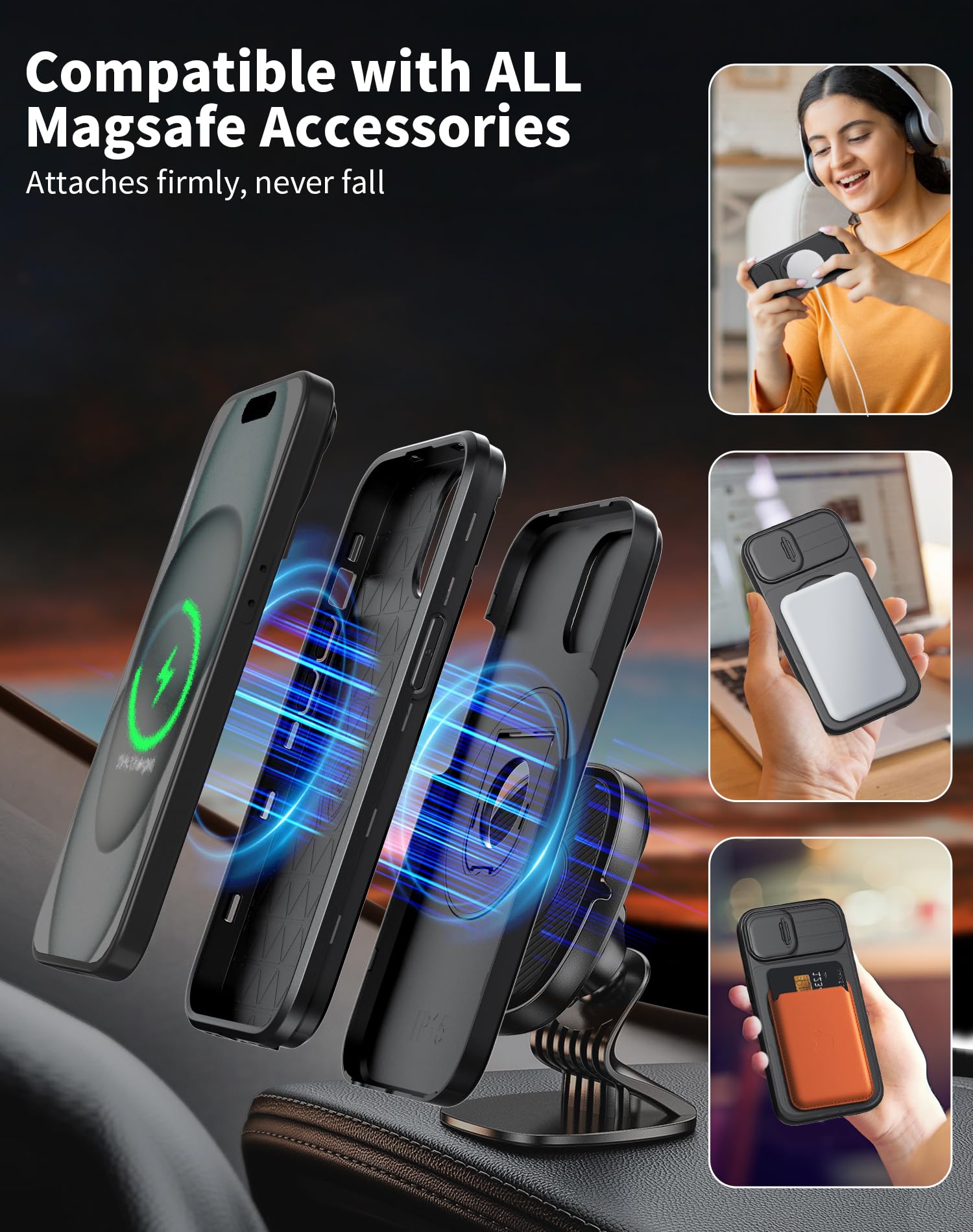 FRLMOOES for iPhone 15 Case Magnetic Compatible with MagSafe Wireless Charging,with 2 Screen Protectors,Built-in Kickstand Ring,with Camera Cover Shock-Absorbent Shockproof Heavy Duty Protection Black - Image 2