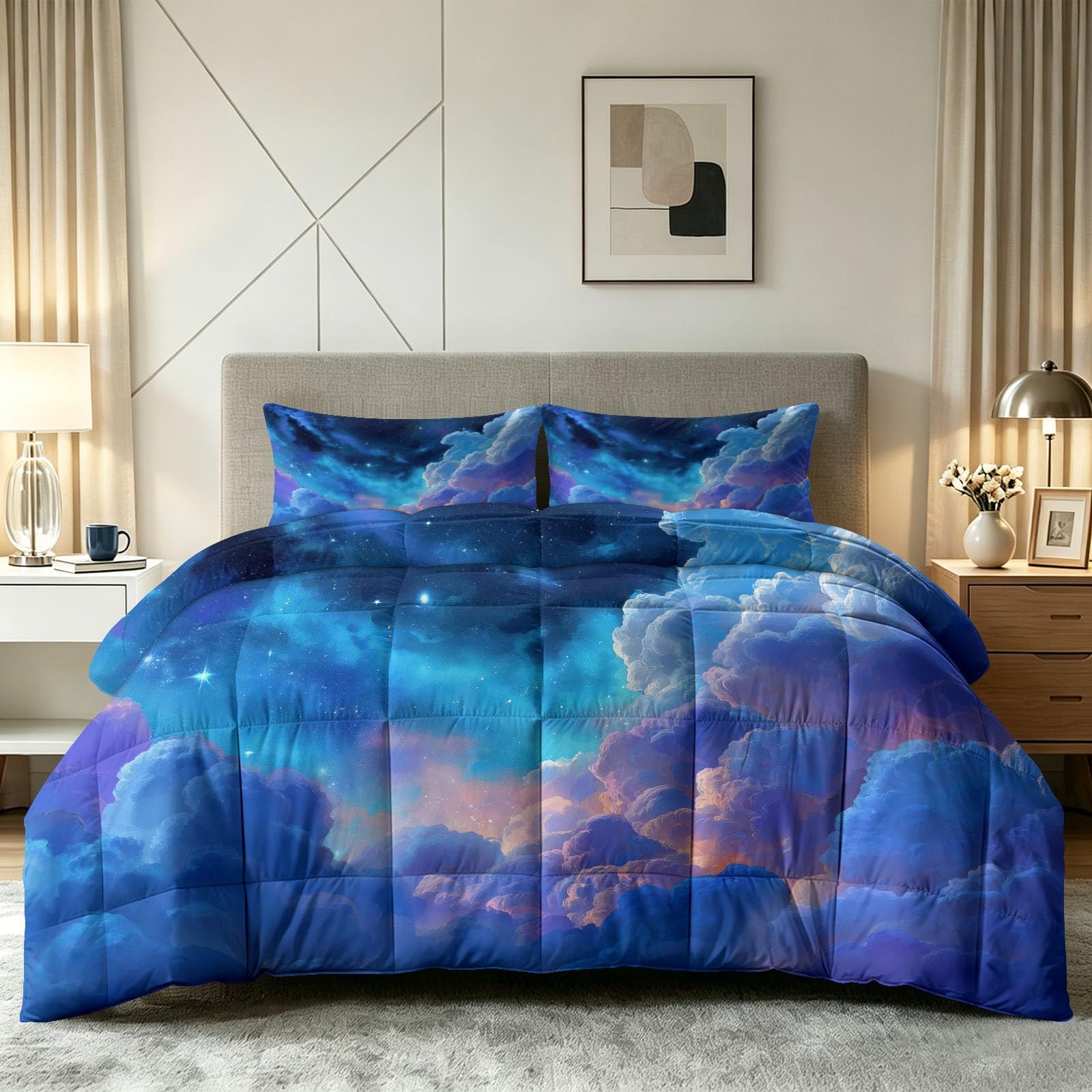 Bettdecke ohne Bezug 135x200 cm Digital Painting Landscape Antiallergisch Leichtsteppbett & Ganzjahresdecke - Waschbar mit 2 Kissenbezügen Cloud Star Glowing Sparkle Weiche und Atmungsaktive Wende