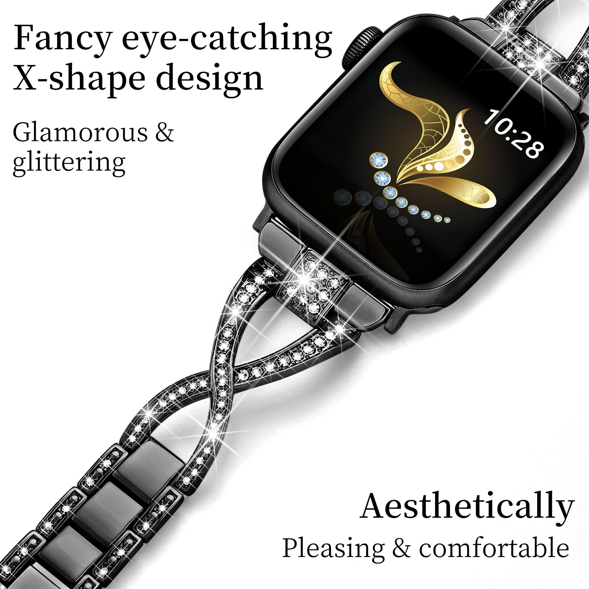 Compatible con Apple Watch pulsera de 46 mm, 45 mm, 44 mm, 42 mm, 49 mm, elegante pulsera de metal Bling iWatch para Apple Watch SE Series 10 9 8 7 6 5 4 3 Ultra 2/1, banda brillante para mujer