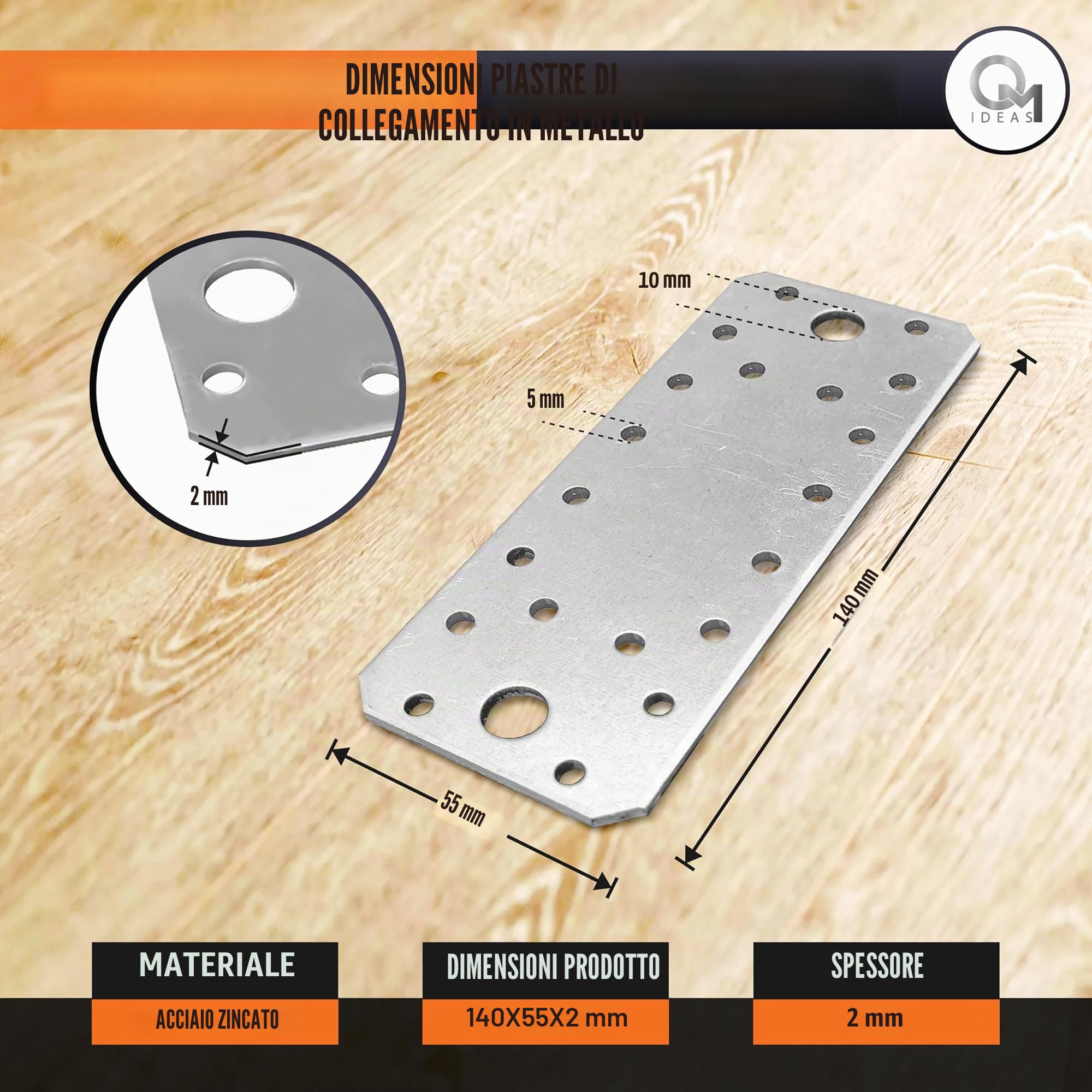 10 x Piastra di Giunzione piana (140 x 55 x 2) Piastra di fissaggio, Connettore per legno, Lastrina di giunzione piatta, Piastra di montaggio multi foro zincata in acciaio