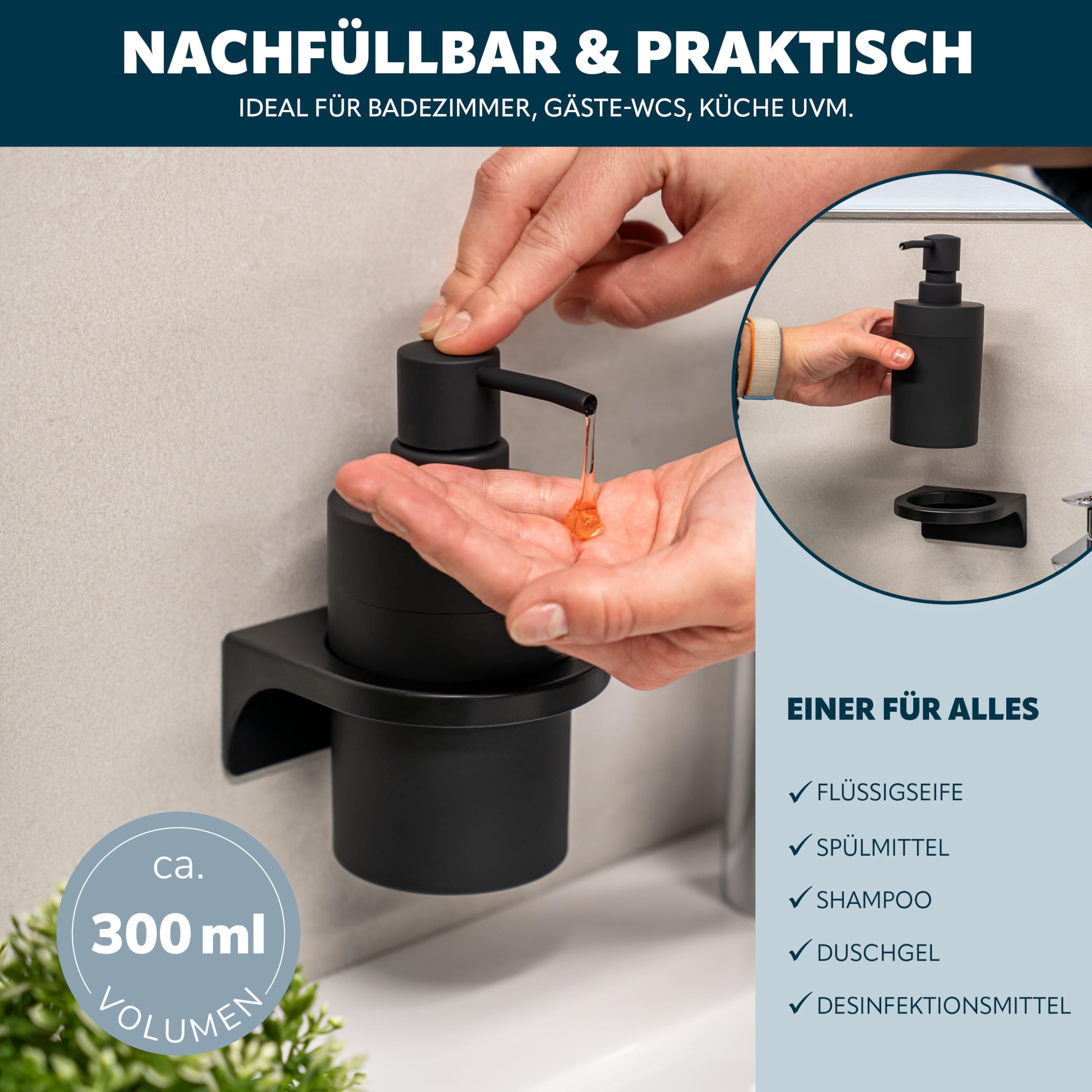 bremermann Badezimmer-Set Savona mit Soft-Touch Oberfläche inkl. Wandhalterung zum Kleben oder Bohren, rundes Bad-Accessoires Set 2tlg. aus 1x Seifenspender und 1x Becher aus Kunststoff (Schwarz)