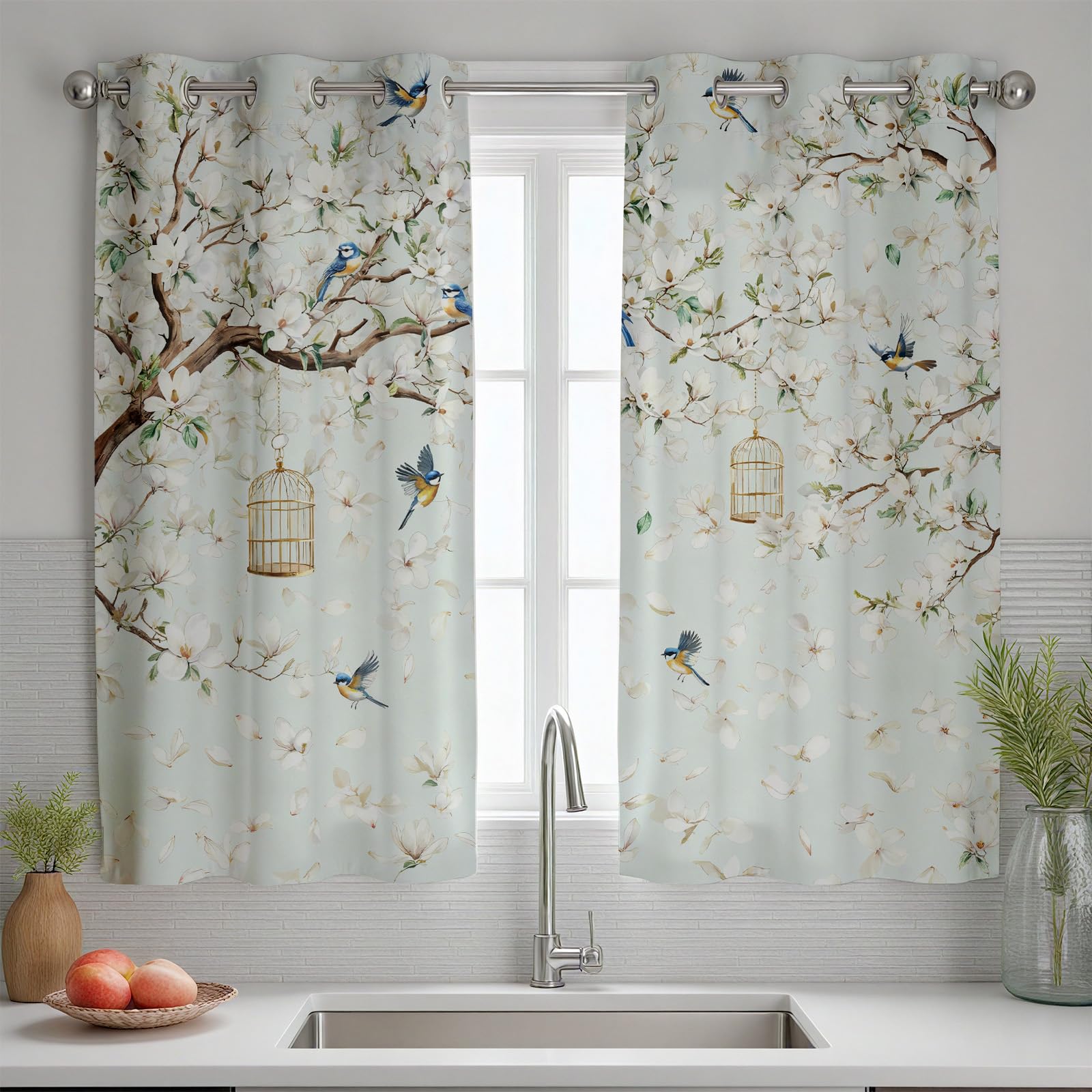 Blumen Vogel Vorhange Blickdicht 2er Set, Magnolie Floral Baum