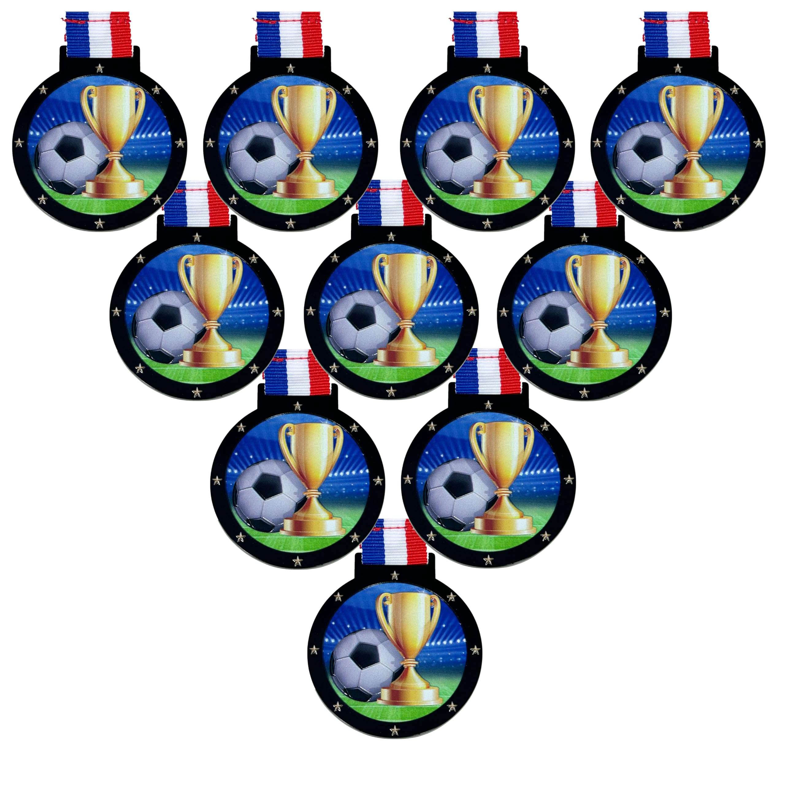 10 Pack of Large 2.25 Inch Soccer Award Medals with Attached Neck Ribbons Trophy Medal Trophies Gift Prize Team Black Gold Star UV