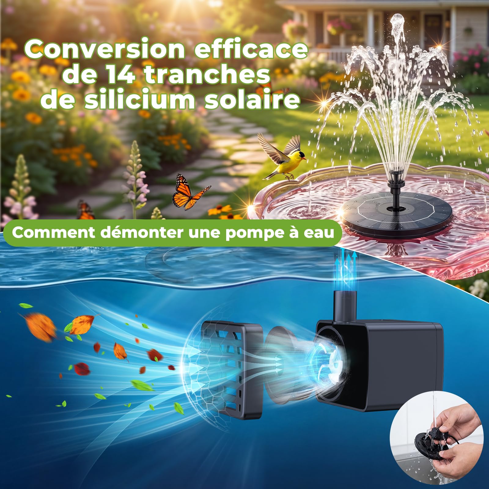 Fontaine Solaire Extérieur Flottante 3.5W Pompe Bassin Solaire avec 6 Buses pour Bain d'oiseaux Aquarium Jardin Fontaine(1PC)