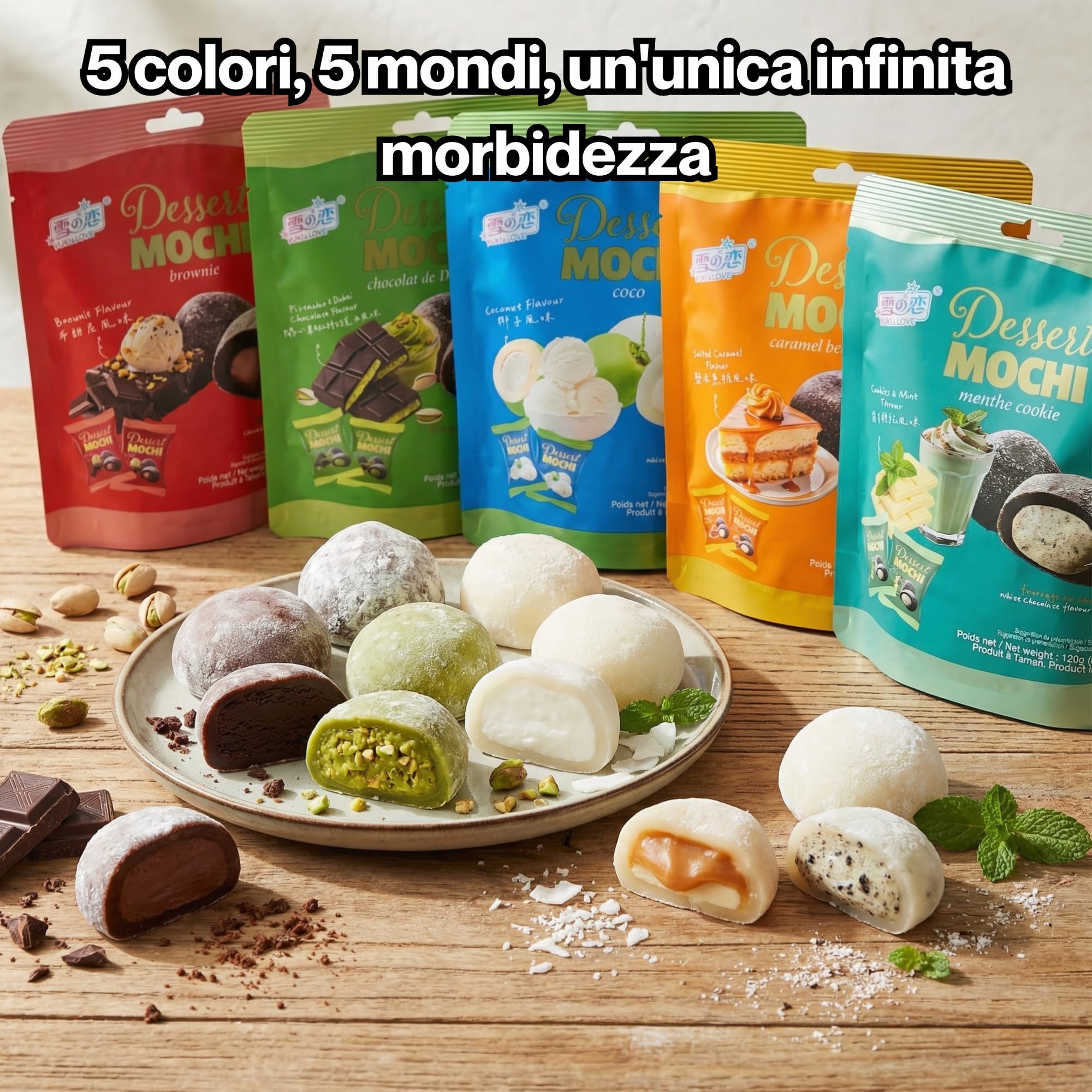 HU TASTE Mochi Dessert Selection: Mix 5 Gusti Pistacchio, Cocco, Menta, Brownie, Caramello Salato - Snack Dolci Giapponesi, Japanese Food Snack Box e Dolci Giapponesi Assortiti, 5 Confezioni
