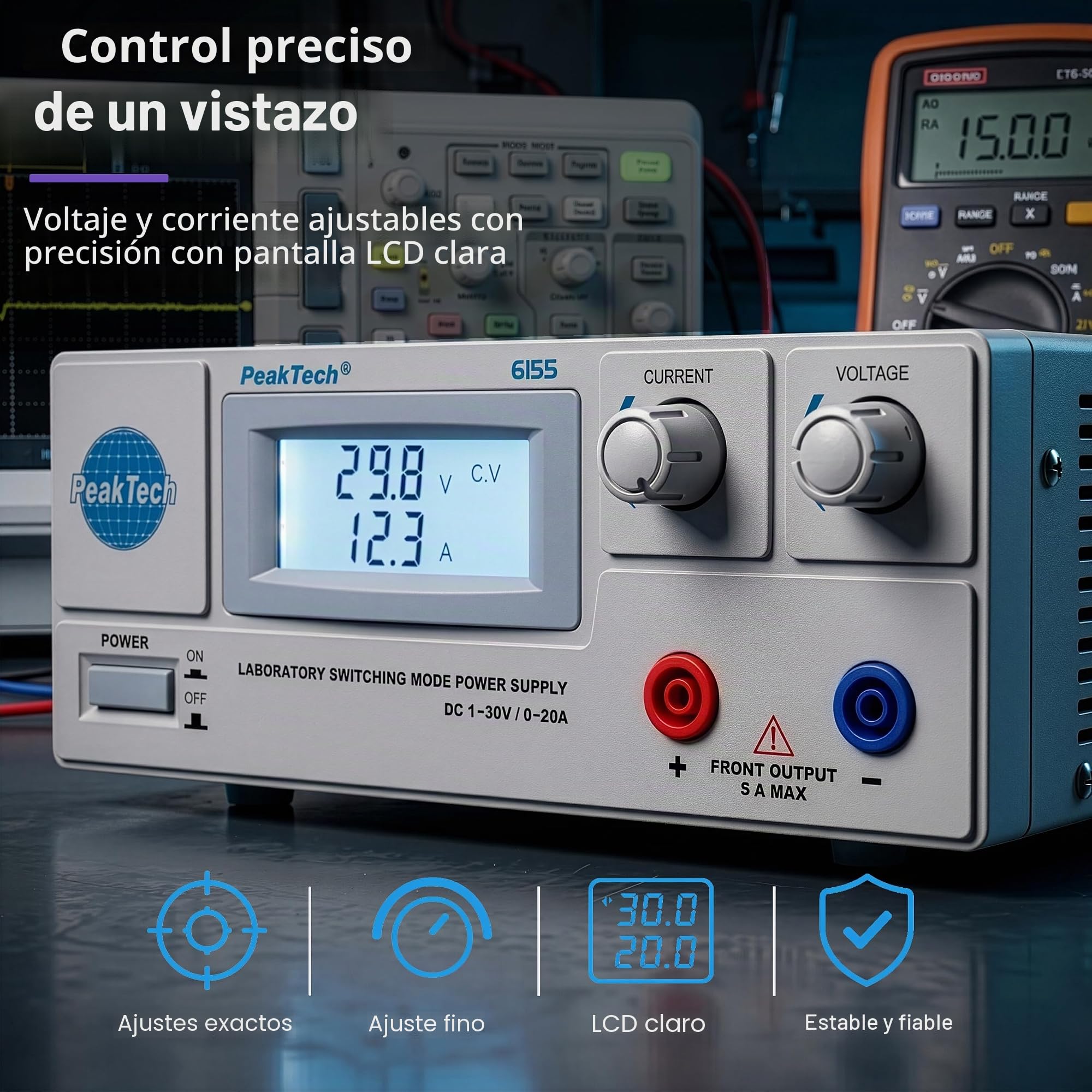 PeakTech 6155 - Fuente de Alimentación Digital C 1-30 V / 0-20A Pantalla LCD, Conmutación Confiable, Protección Contra Sobretensiones, Salida de Cc, Potencia de Salida 600 W - 214 x 87 x 336 mm