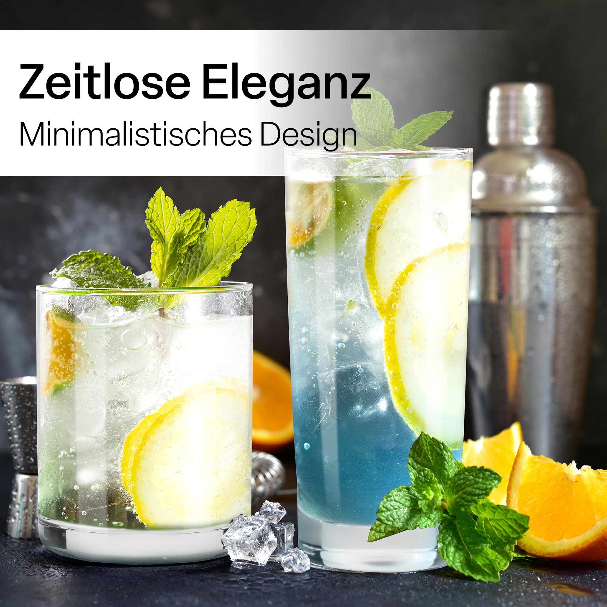MIAMIO - Trinkgläser Set 24 / Wassergläser in 2 Größen für Wasser & Saft | Gläser Set, 12 kleine (370ml) und 12 große (450ml) Gläser für Wasser, Cocktails, Latte und Saft - spülmaschinenfest im Alltag