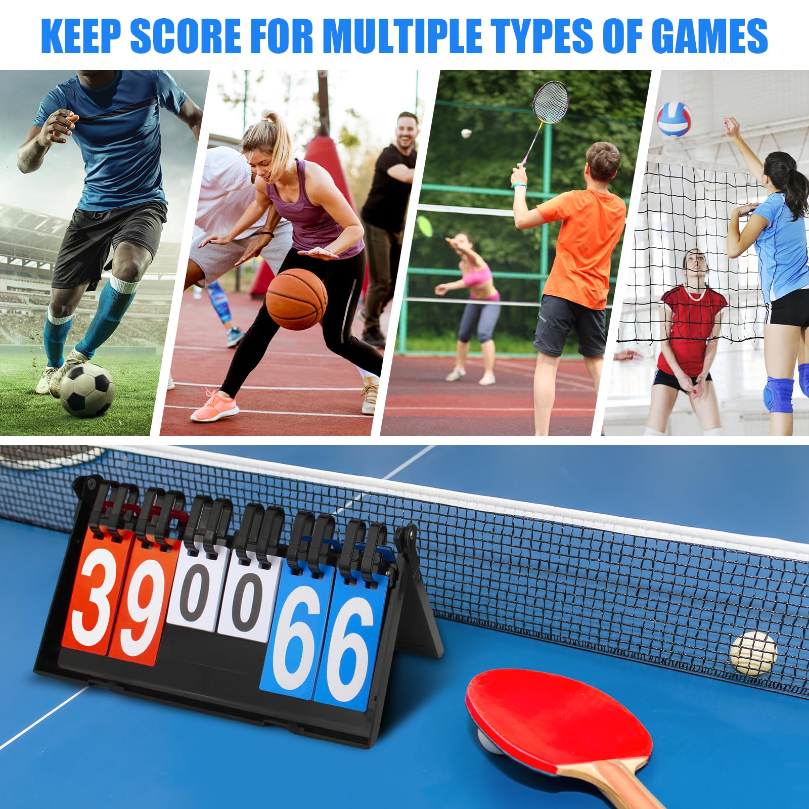 Tabellone Segnapunti Sportivo, Sport Scoreboard Multifunzionale a 6 Cifre, Tabellone Segnapunti Portatile, Tabellone Segnapunti Flip, per Basket, Calcio, Badminton, Tennis