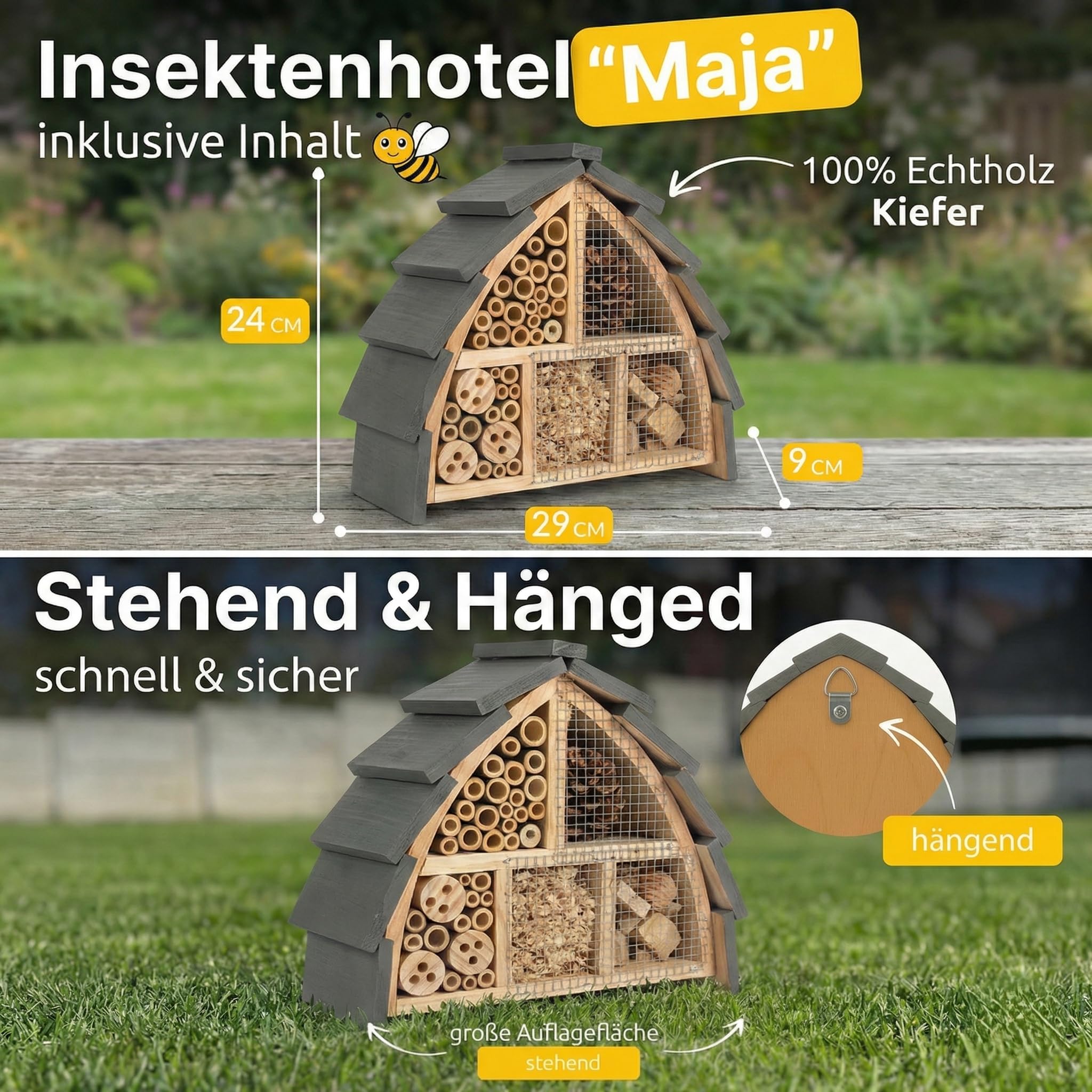 Insektenhotel wetterfest aus Holz – Bienenhotel mit Vogelschutz für Wildbienen & Schmetterlinge – Insektenhaus groß für Garten – Insektenhotel Bienenhotel Schmetterlingshaus
