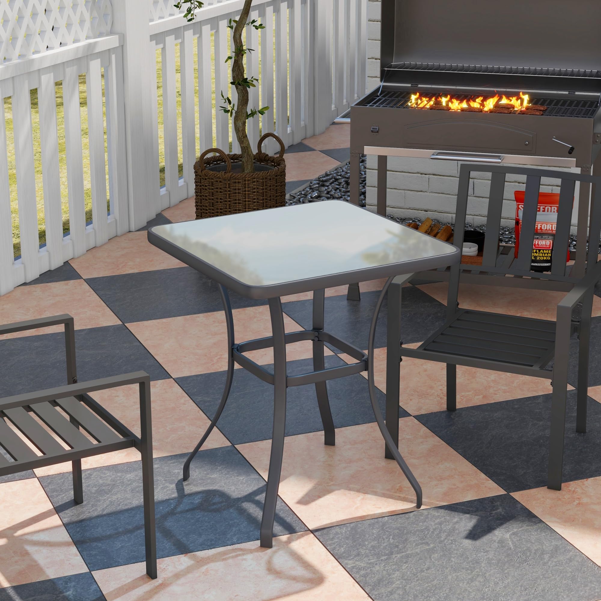Outsunny Table Carrée Bistro de Jardin Dim. 68L x 68l x 84H cm Métal Gris | Époxy, Plateau Verre Trempé Granité