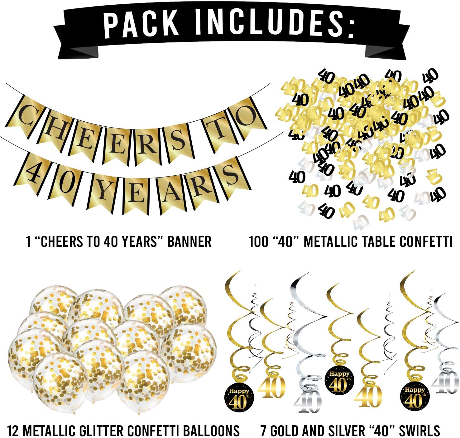 40th Birthday and Anniversary Decorations Party Pack - Pre-Strung Banner, Balloons, Swirls - 40th Birthday Decorations for Him or Her - Party Supplies and Gifts image 2
