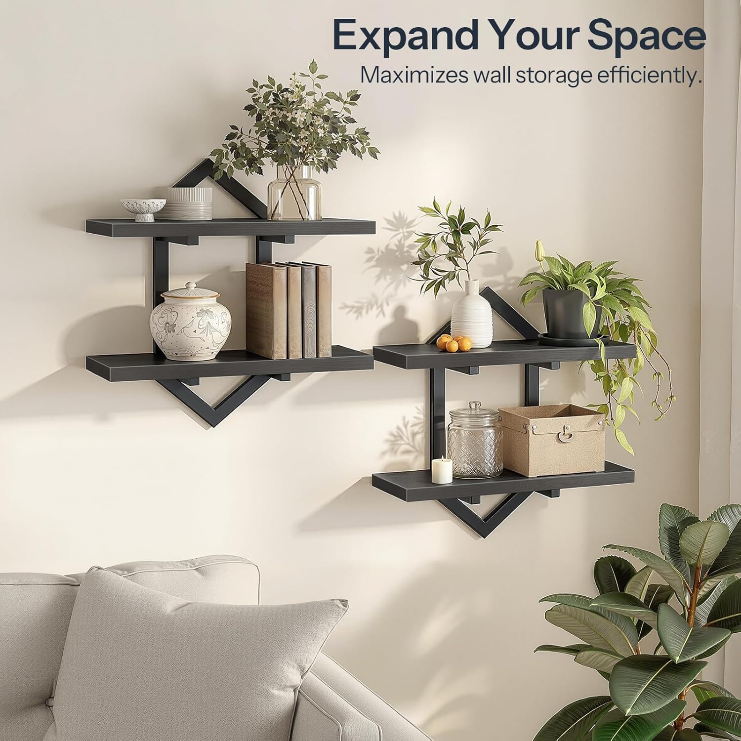 HOOBRO Floating Shelves, 15 Inch Wall Shelf Set of 2, Wall Mounted Storage Shelves 2-Tier, Hanging Bathroom Shelves, for Living Room, Bedroom, Bathroom, Kitchen, Black BB13BJP201