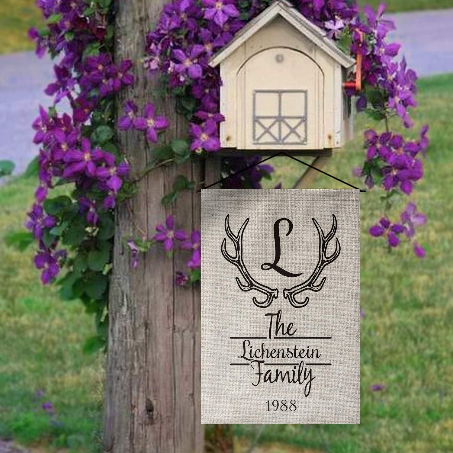 SMILE Personalized House Flag, Customized Family Last Name And Established Year Antler, Double Sided 12.5 x 18 Inch Rustic Farmhouse Burlap Yard Outdoor Decoration