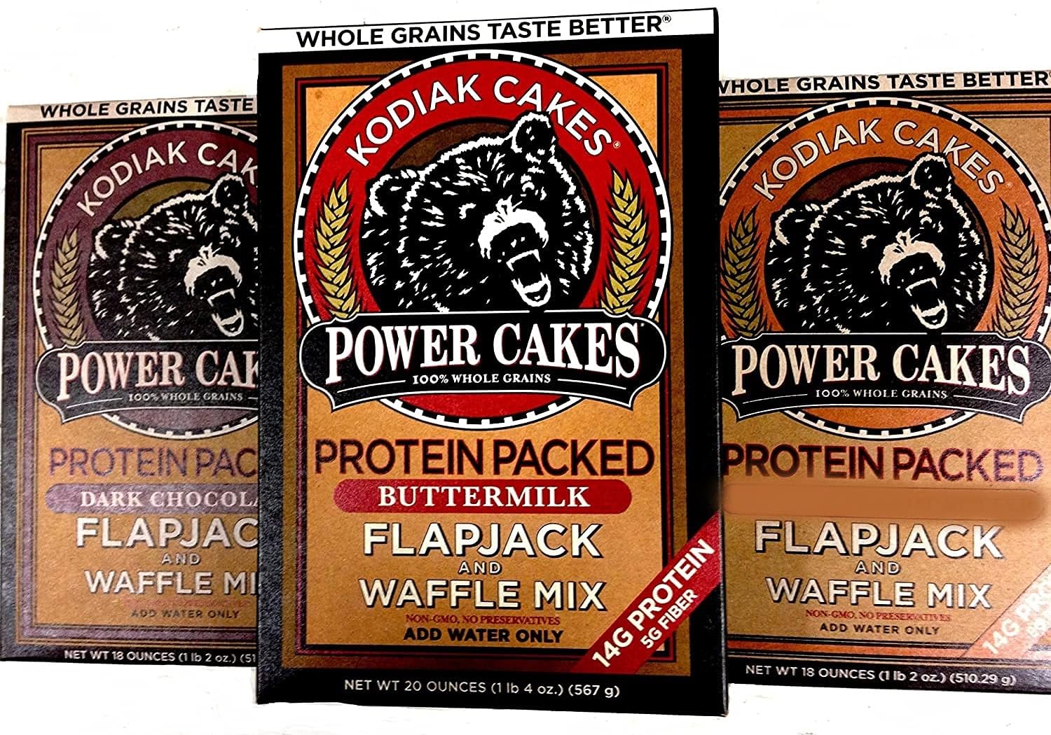 Power Cakes, Protein Packed-Whole Grain Flapjack & Waffle Mix, Variety 3 Pack: 1 Box Each of Buttermilk, Dark Chocolate, Crunchy Peanut Butter.