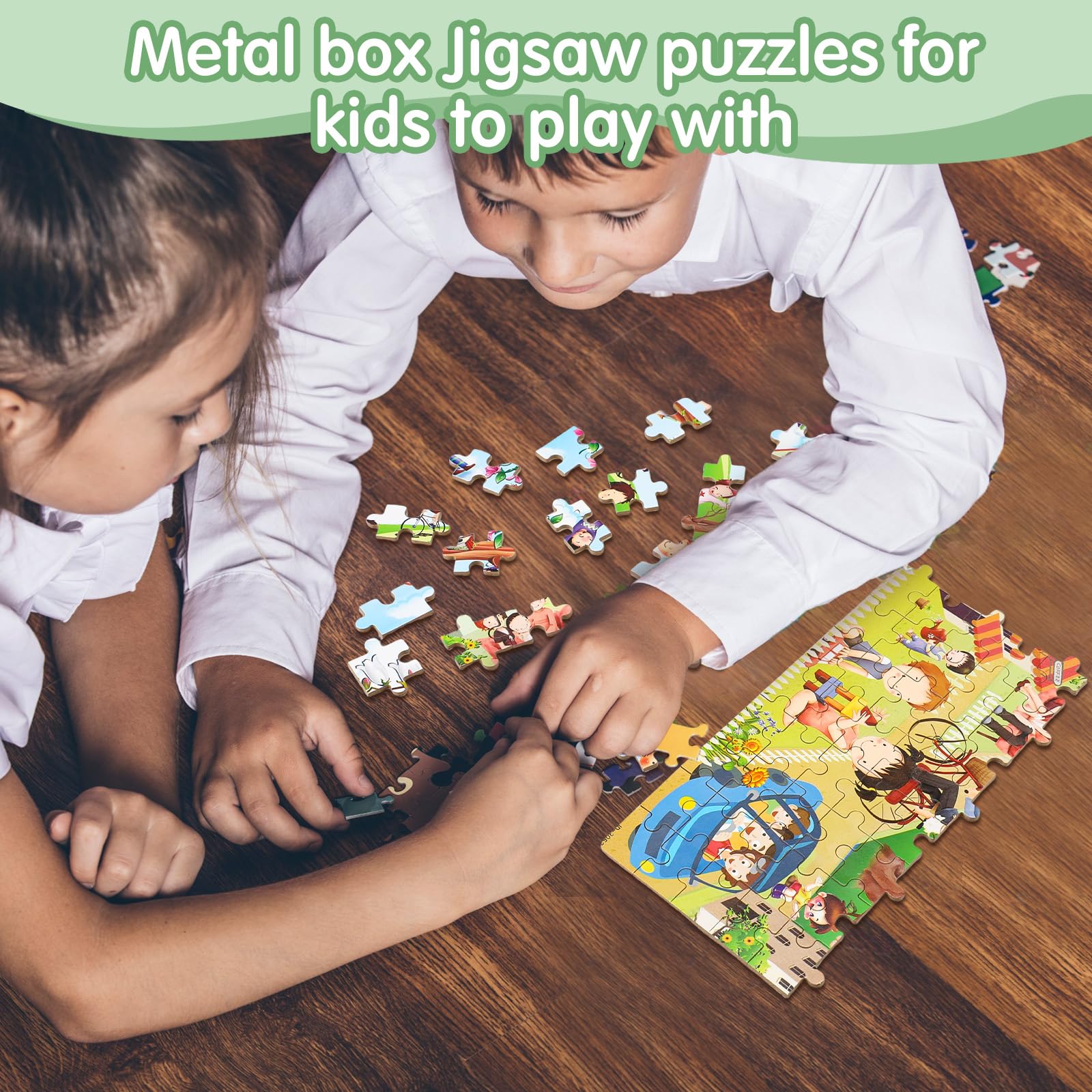 Motionchic 6 Set Jigsaw Puzzles in a Metal Box for Kids Age Over 6, 100 Pieces Wooden Mini Puzzle Animal Marine Mermaid Fire Truck Dinosaur Puzzles for Girl Boy Educational Party Favor (Cute) - Image 8