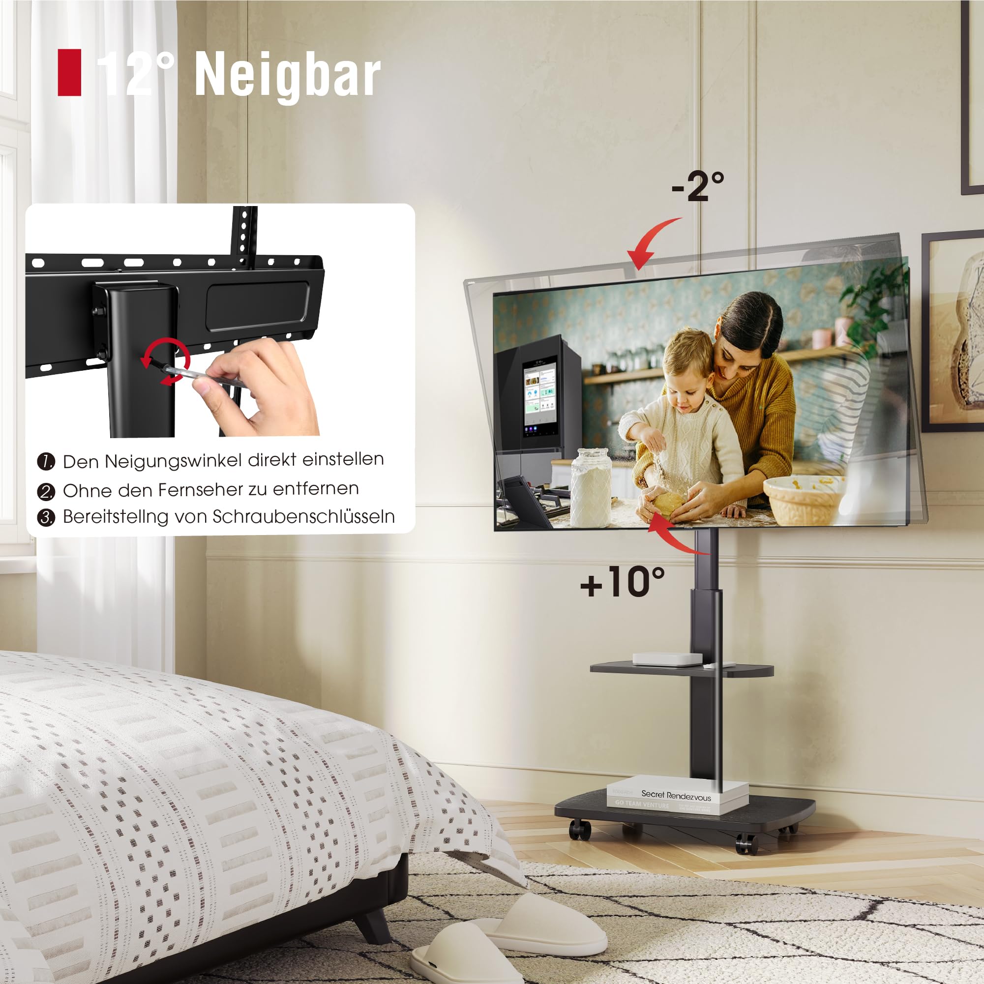 AOKCOS TV Ständer Rollbar mit Holzablage Regal, Fernsehständer auf Rollen für 32-65 Zoll, bis 40 kg, VESA 400x400mm (Schwarz)